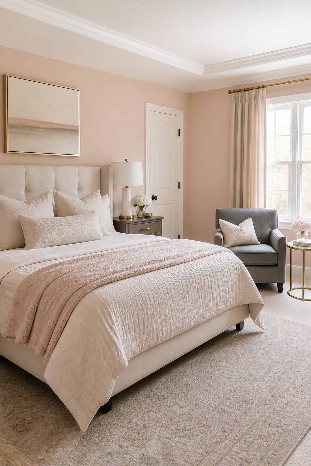 Master bedroom featuring blush walls and creamy bedding.