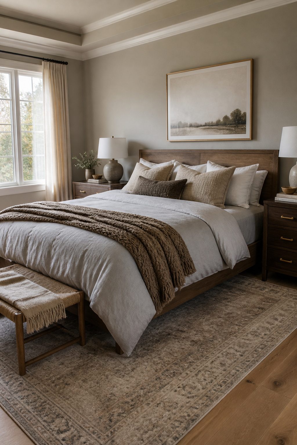 Master bedroom with warm neutrals and soft textiles.