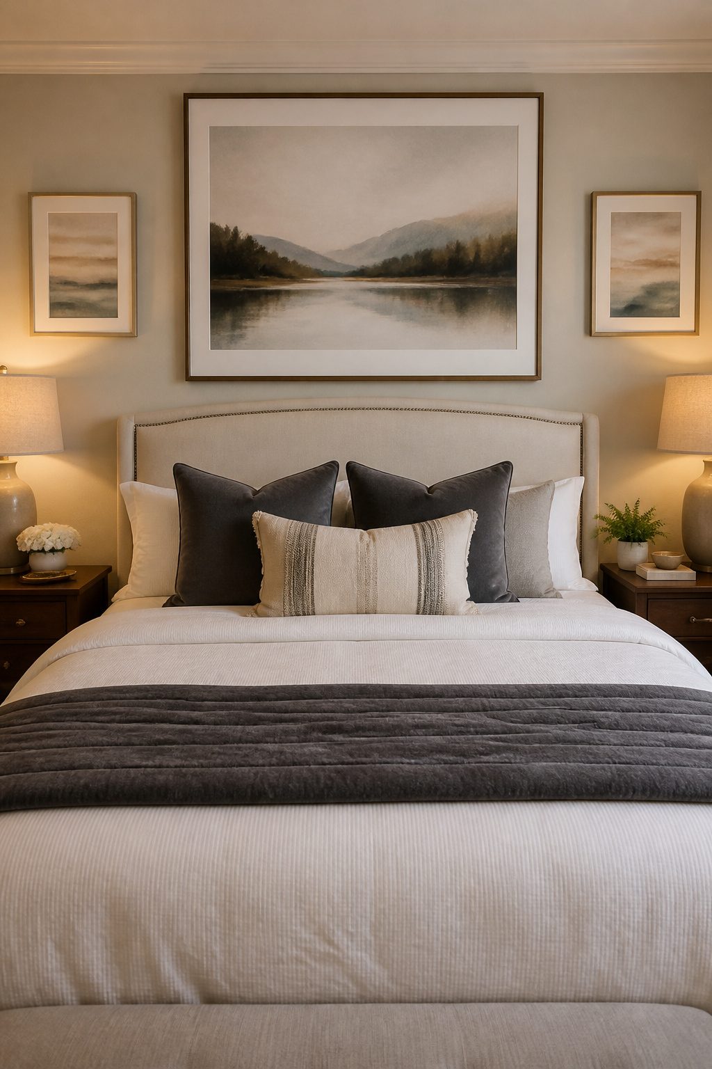 Framed prints and custom pillows add personal touches to the decor.