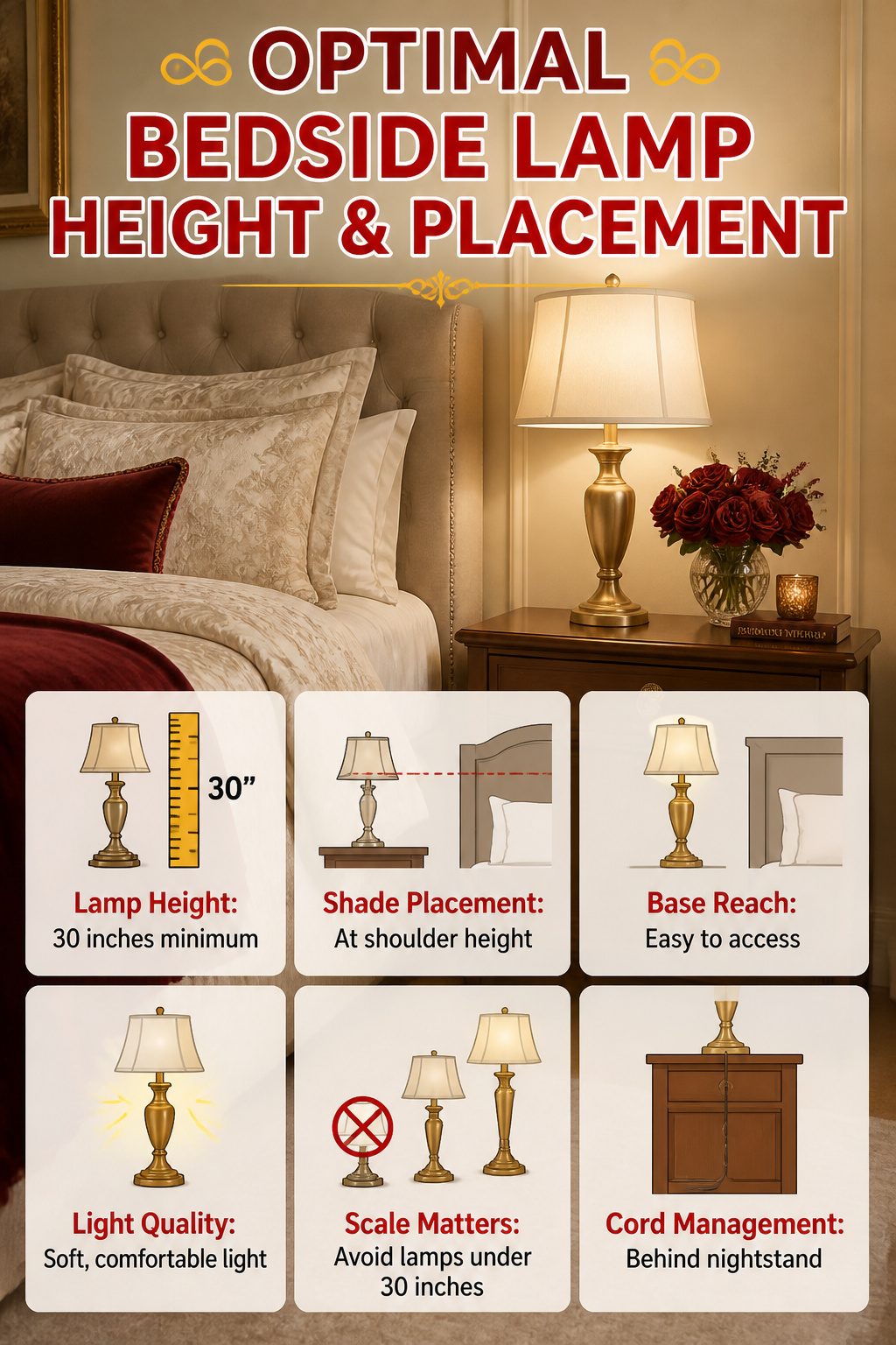A tall bedside lamp positioned for optimal light while reading.