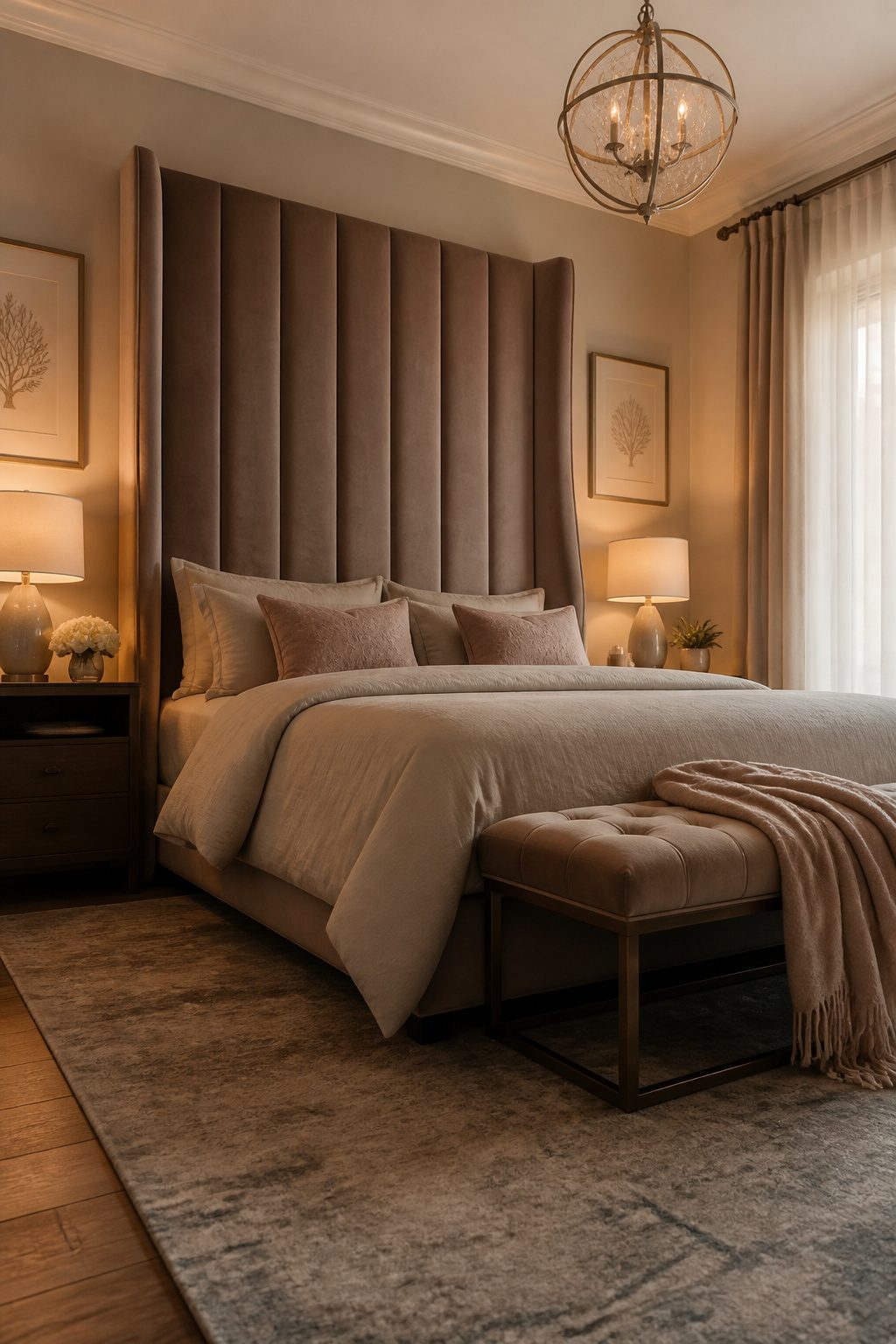A bed with a modern canopy frame and soft bedding.
