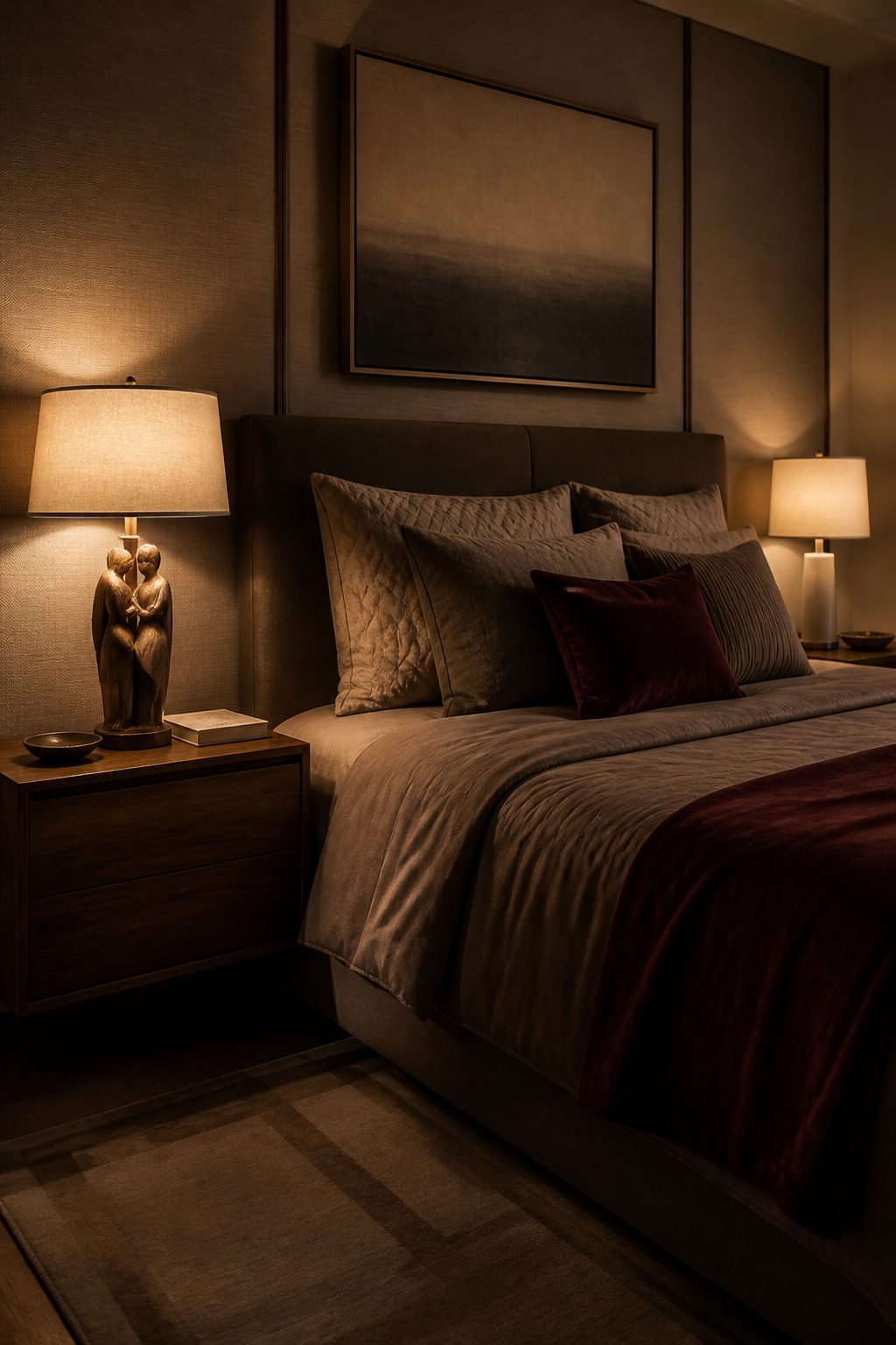 Unique photo lamps with resin bases on nightstands in the bedroom.