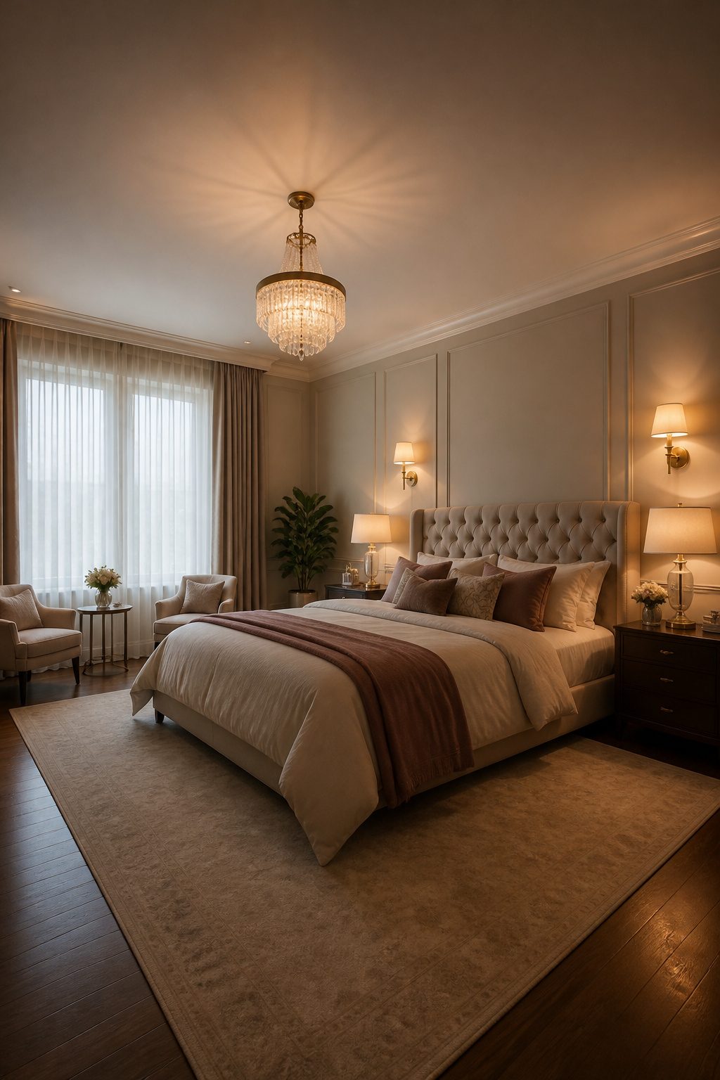 Multiple light sources including lamps and sconces illuminate the bedroom.