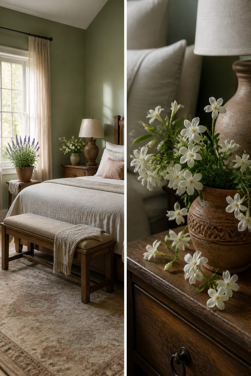 A nightstand with a lavender plant and fresh flowers for decoration.
