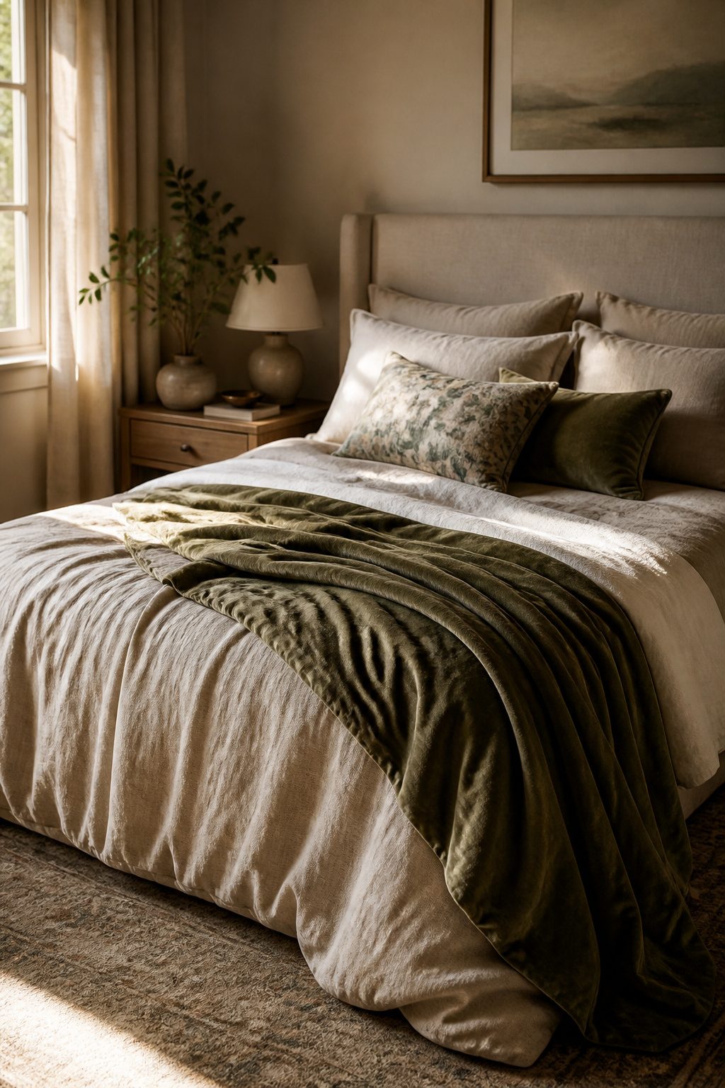 An inviting bed with a linen duvet, velvet throw, and textured pillows.