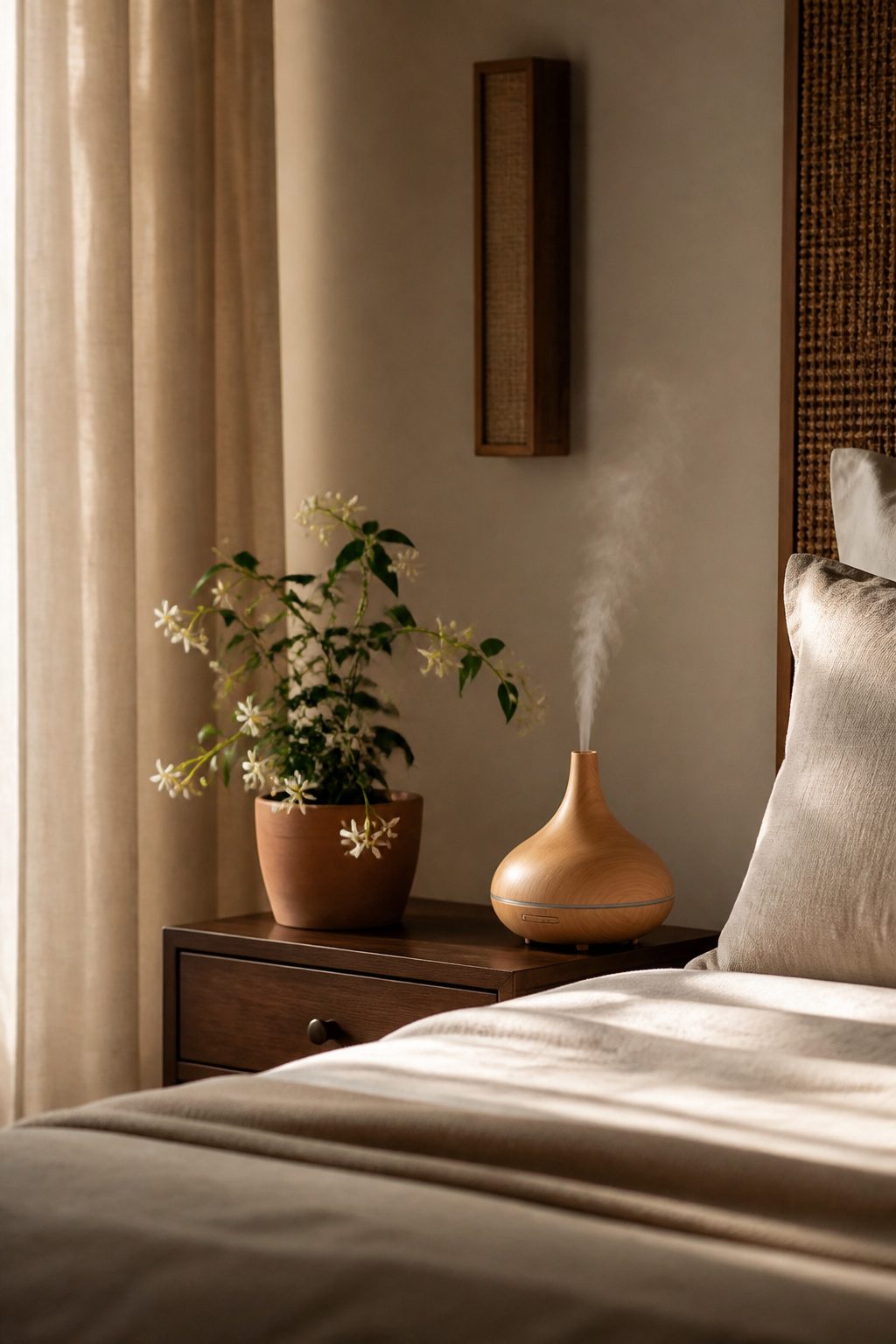 A diffuser and a jasmine plant enhance the bedroom's tranquility.