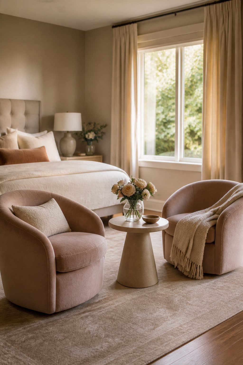 Two lounge chairs and a table create a cozy seating nook.