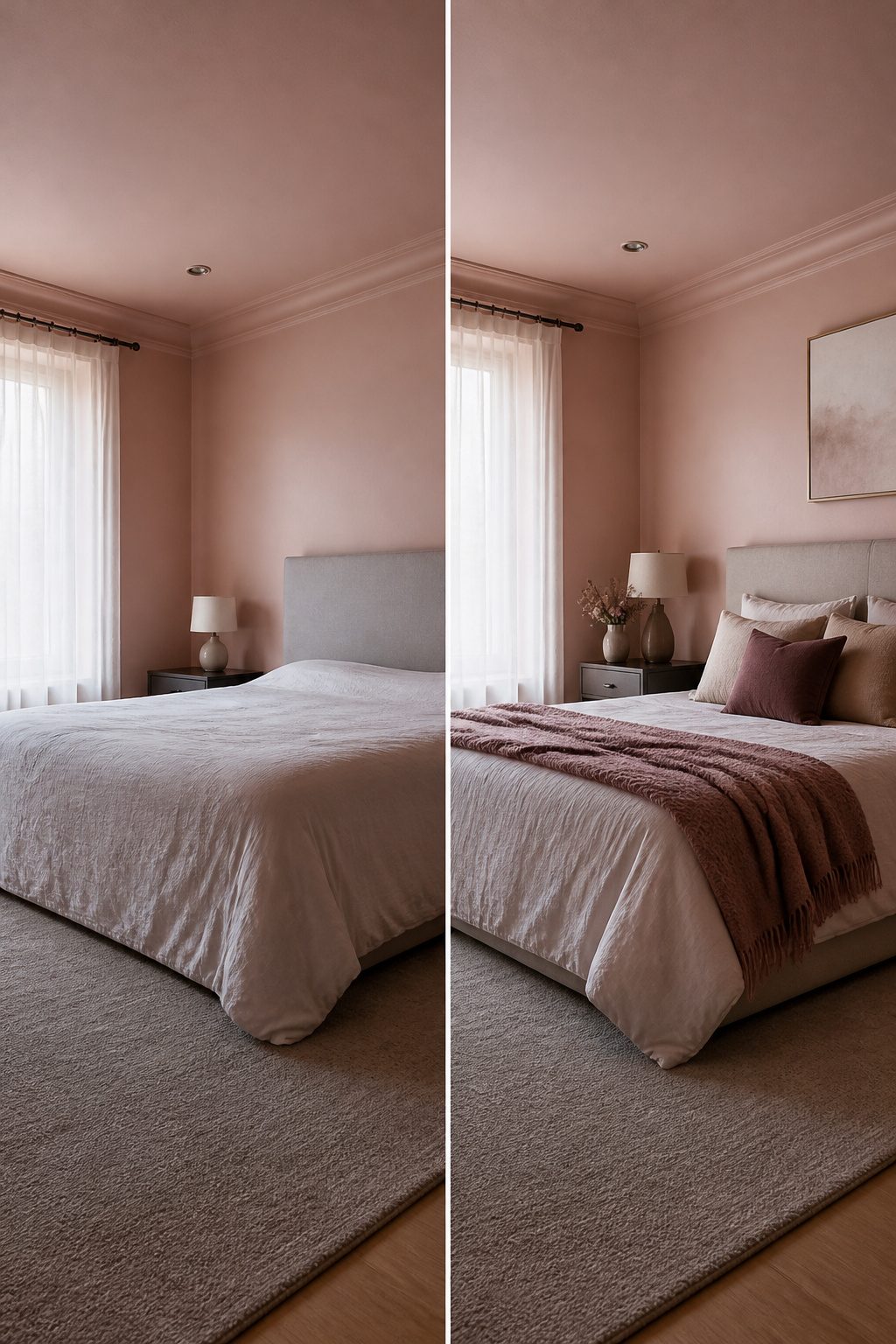 A master bedroom with soft colors including blush and light blue.