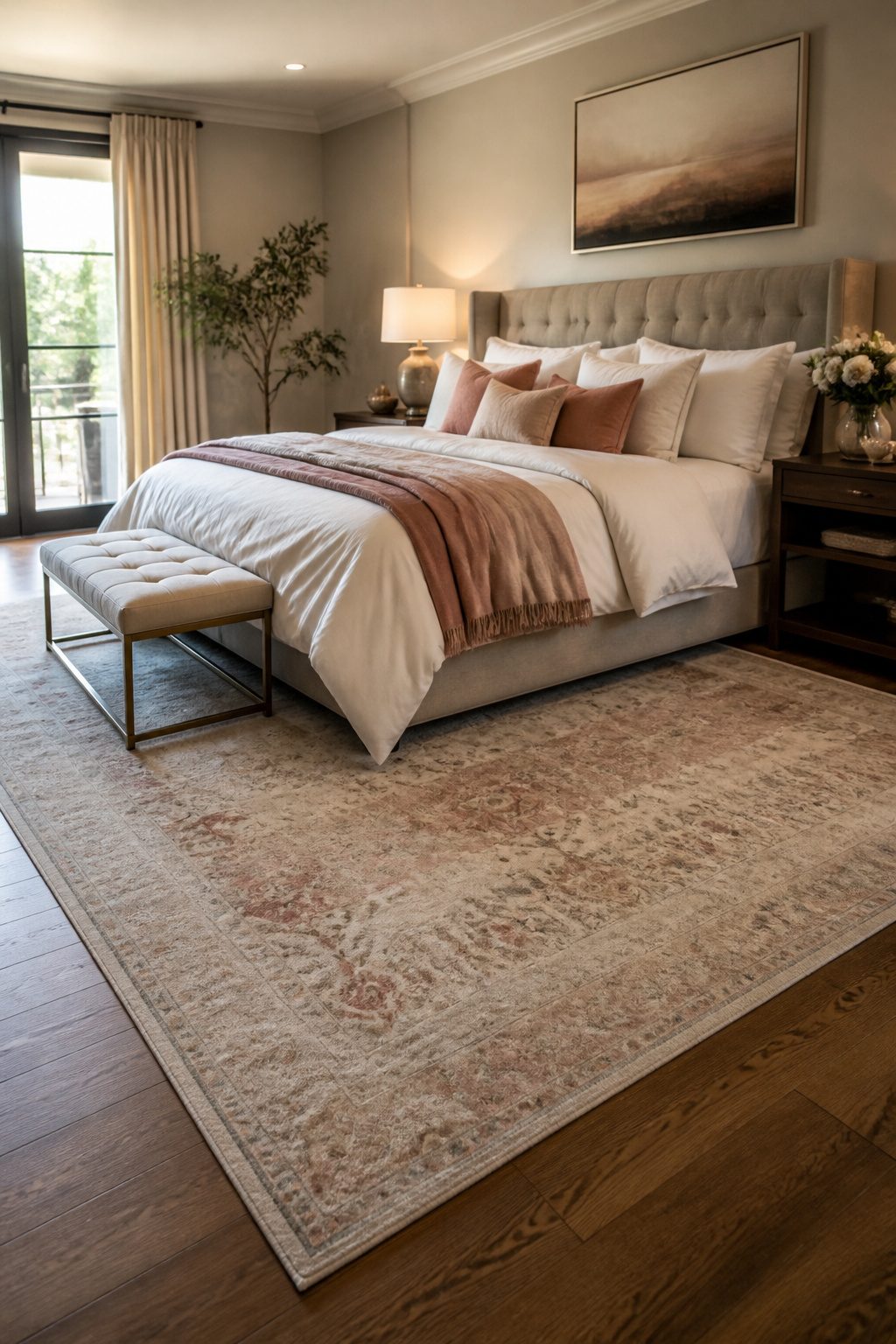 A plush 9x12-foot rug positioned under a king-size bed.