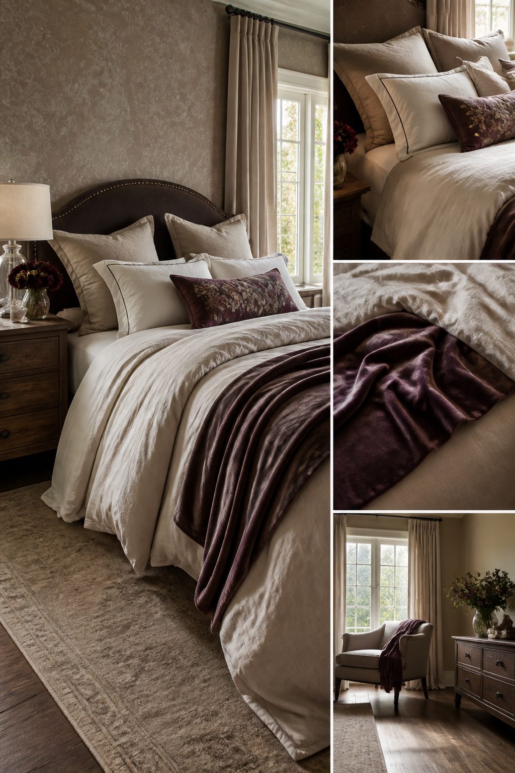 A layered bed with cotton, linen, and velvet for visual interest.