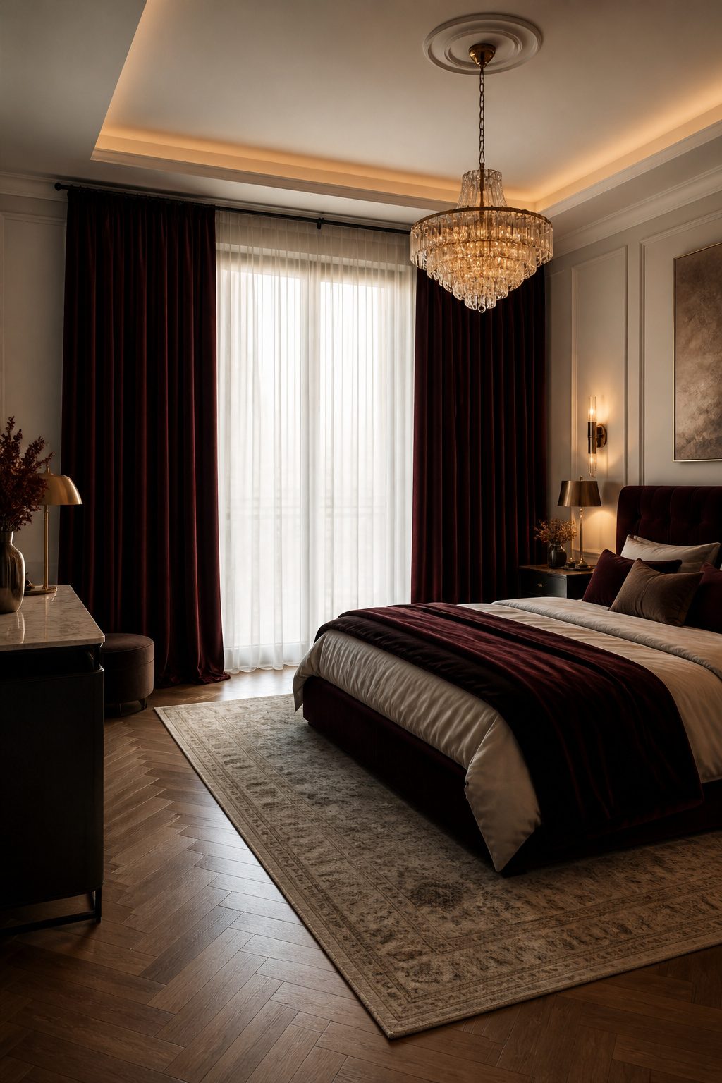 Velvet blackout curtains hung above a window in the bedroom.
