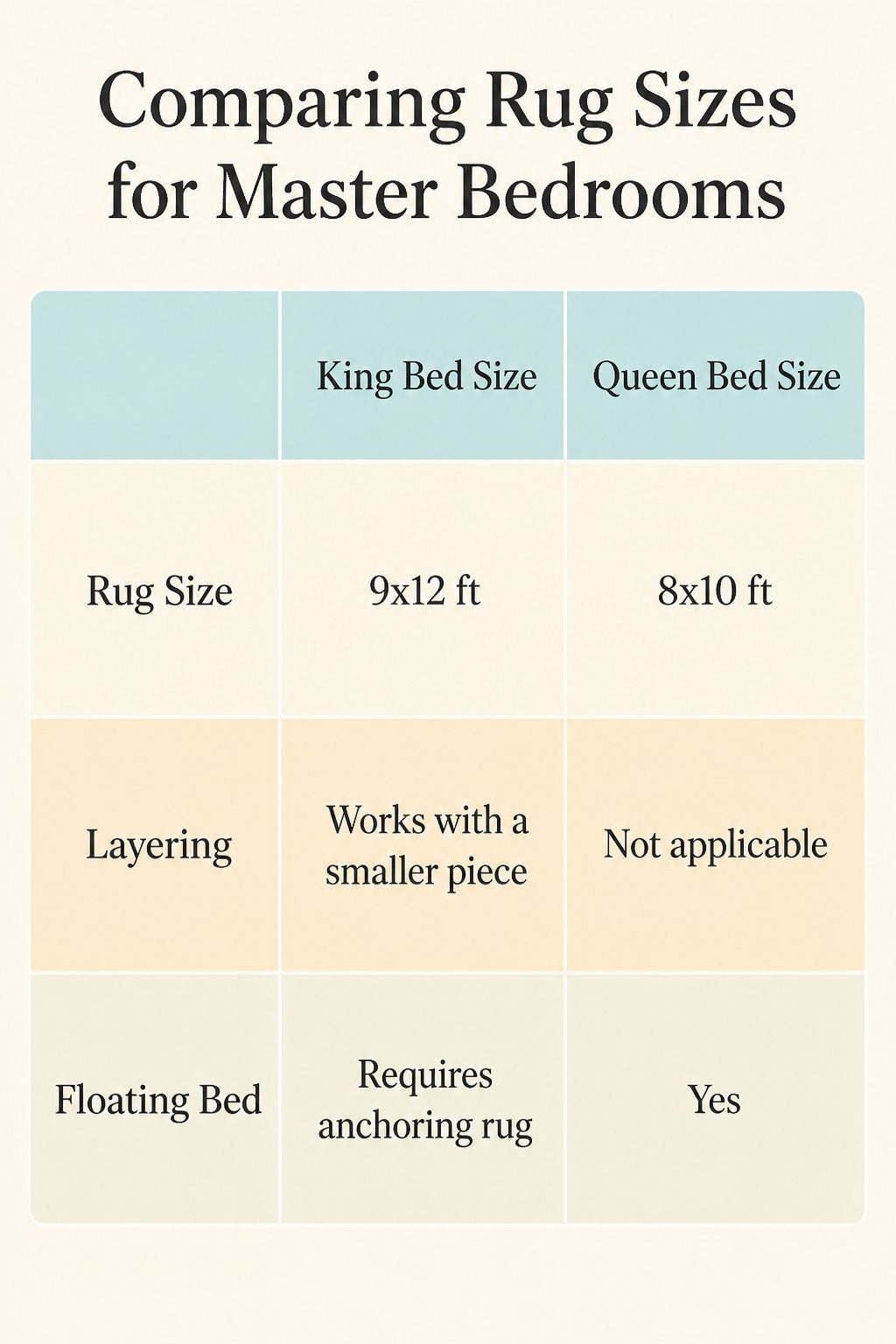 A comparison of rug sizes for master bedrooms with a king bed.