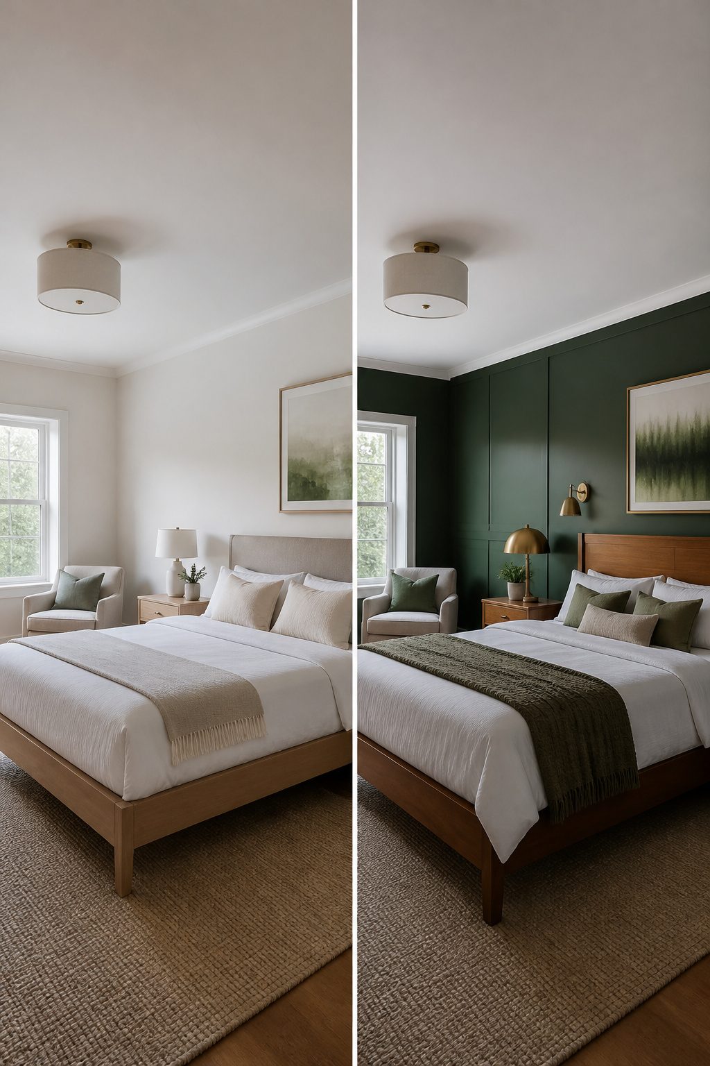 A master bedroom with a deep forest green accent wall behind the bed.