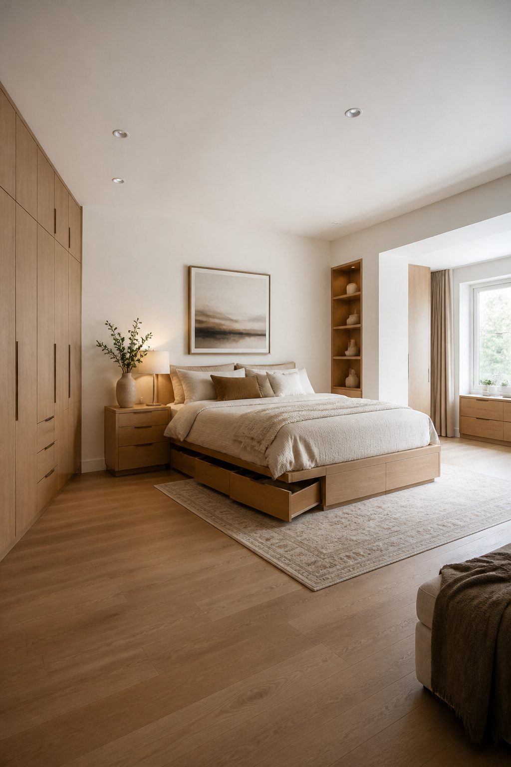 A master bedroom featuring built-in storage that blends seamlessly with the decor.
