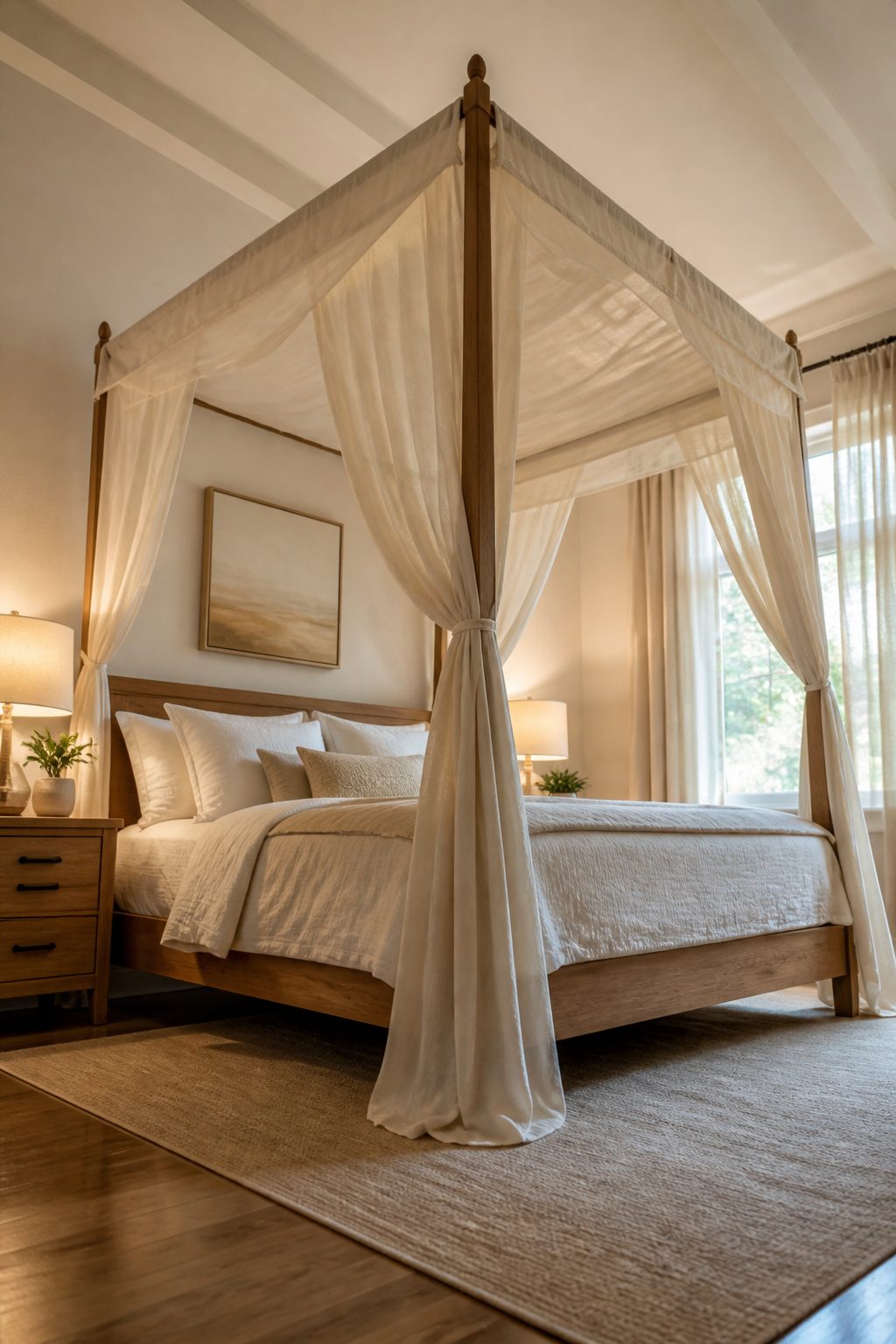 A master bedroom with a canopy bed creating vertical space in the room.