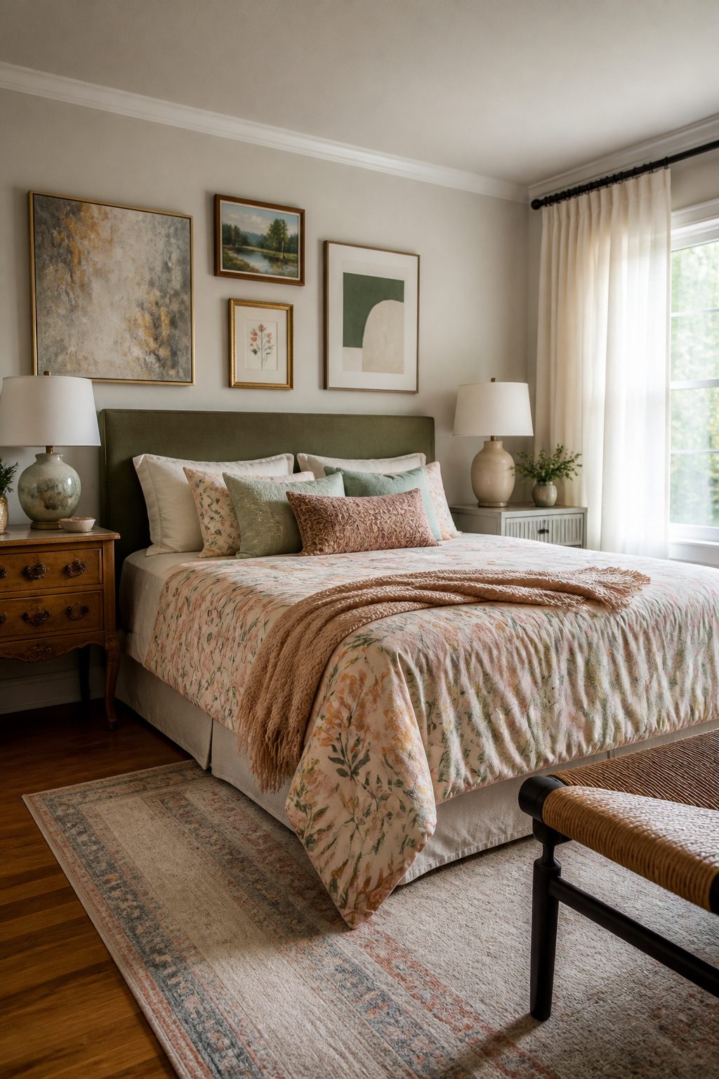 A stylish eclectic bedroom with contrasting furniture and coordinated colors.