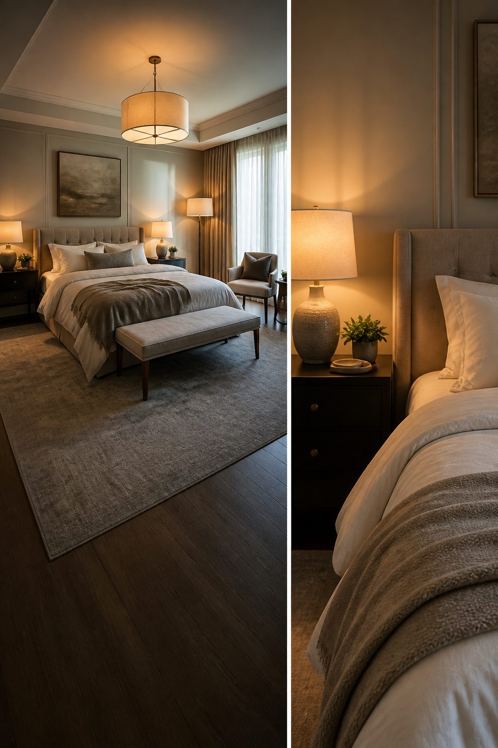 A master bedroom with various light sources, including bedside lamps and sconces.