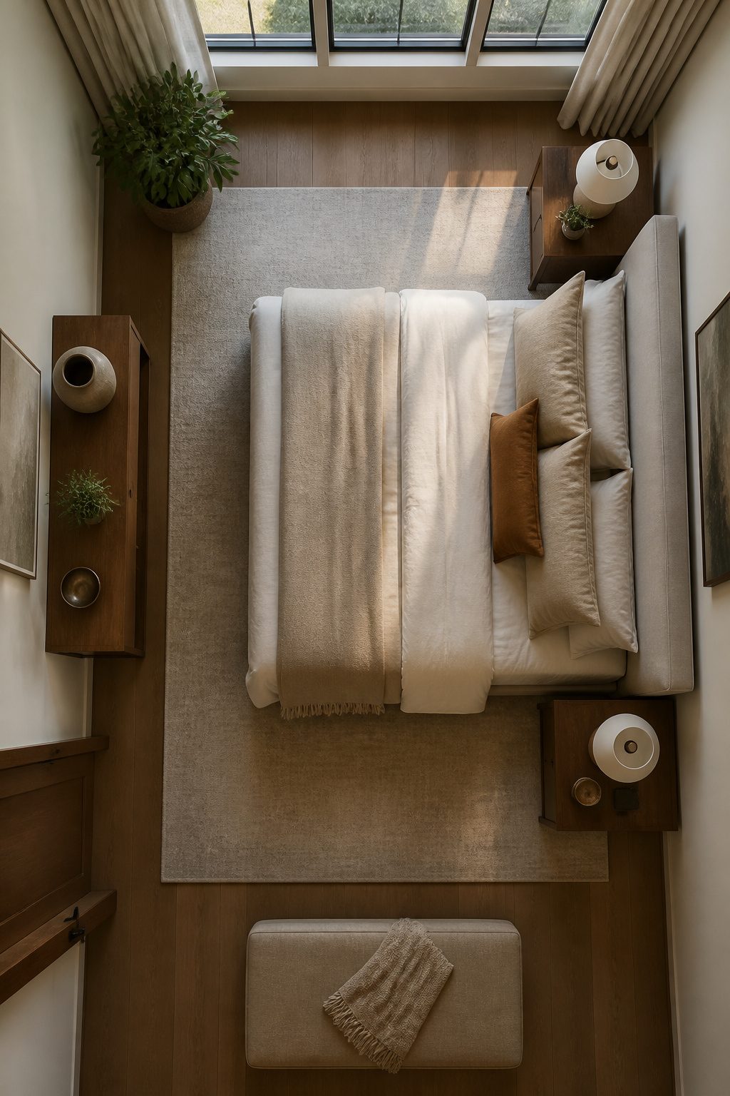 A master bedroom with a strategically placed bed against the wall.