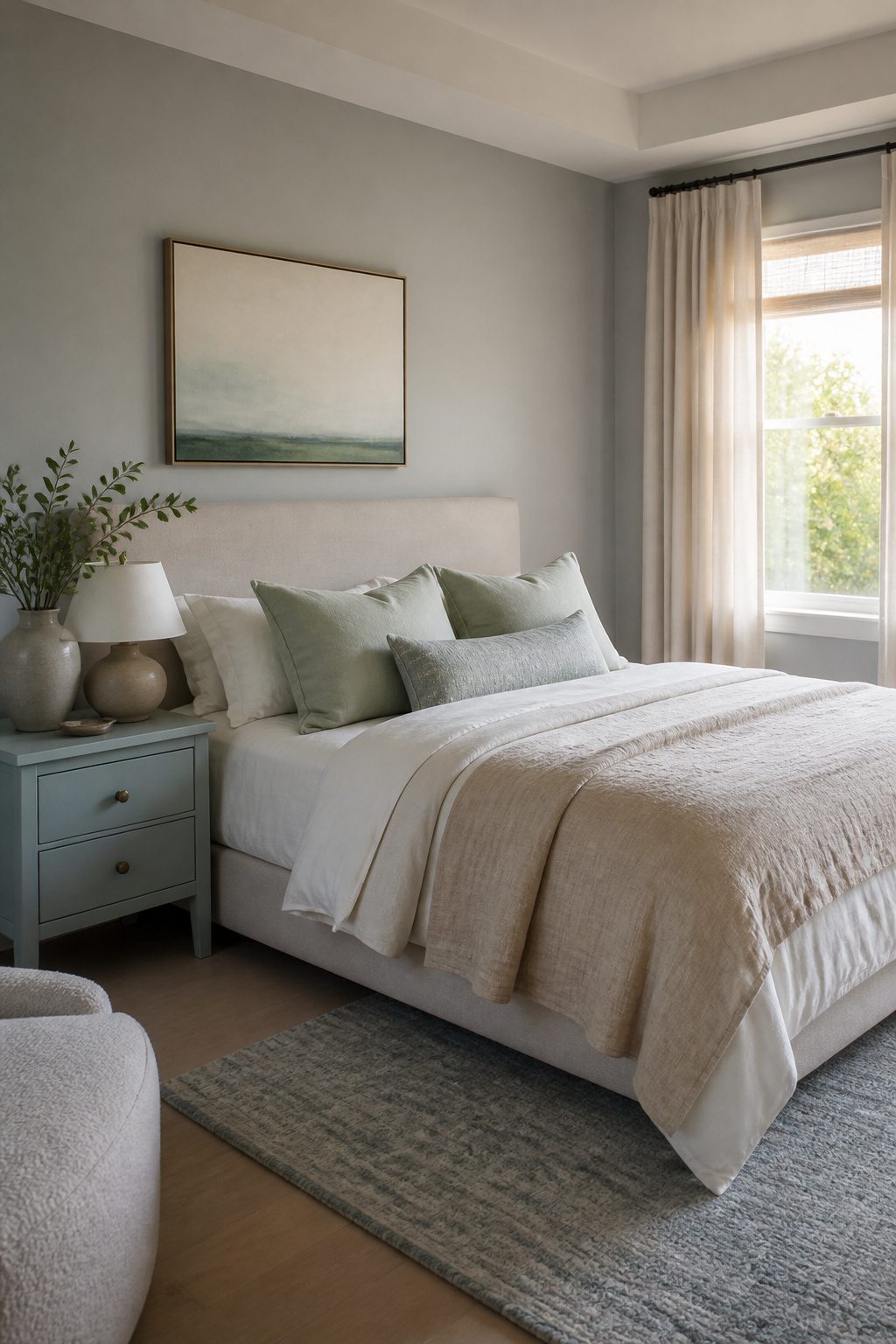A master bedroom with gray walls and soft blue and green bedding.