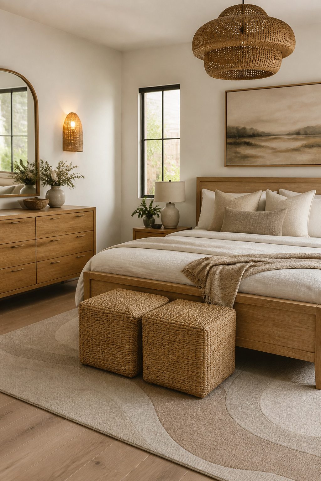 A master bedroom with a curved mirror and light oak furniture.