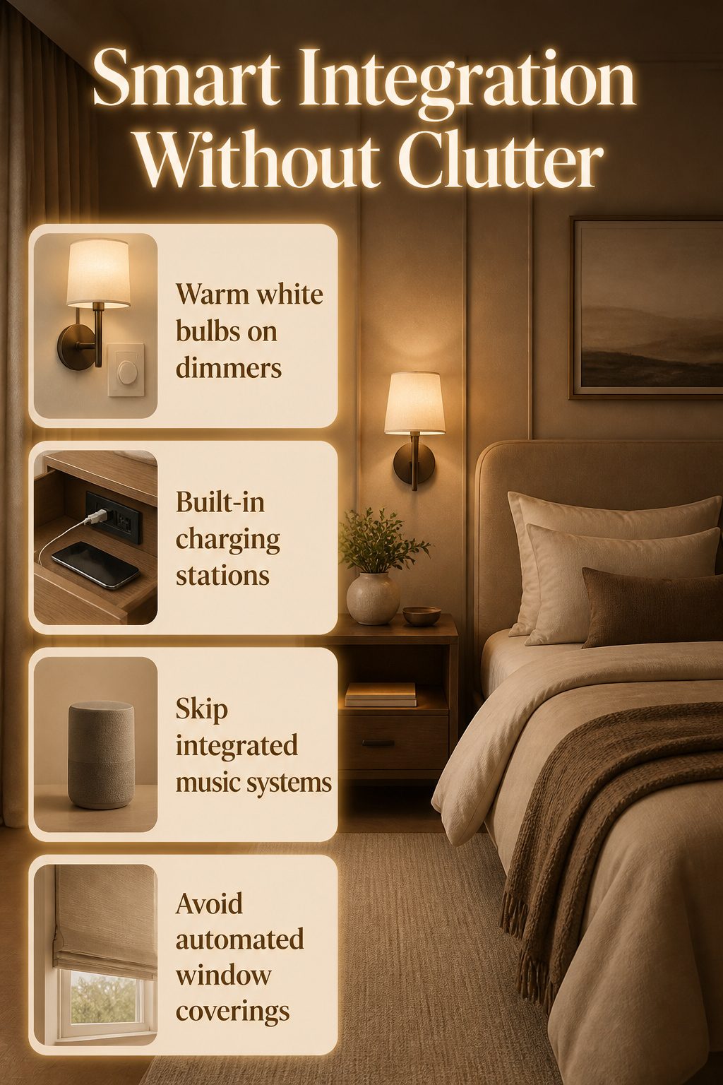 A master bedroom with smart lighting and built-in charging stations.