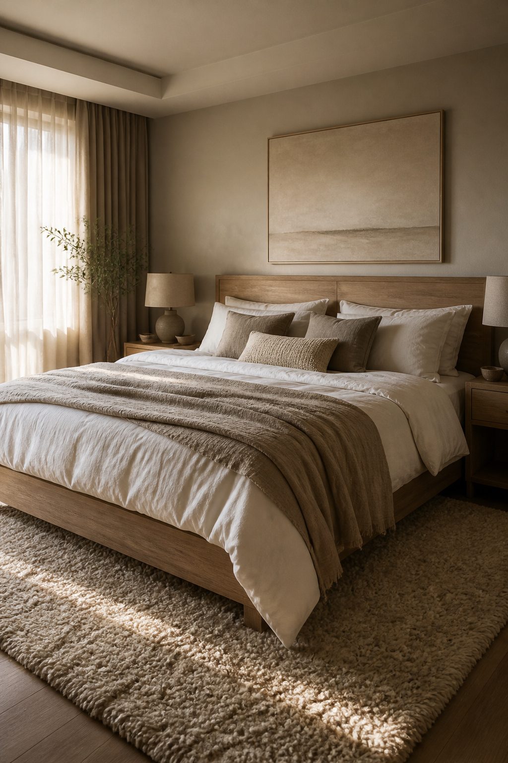 A bed in a master bedroom, surrounded by neutral bedding and decor.