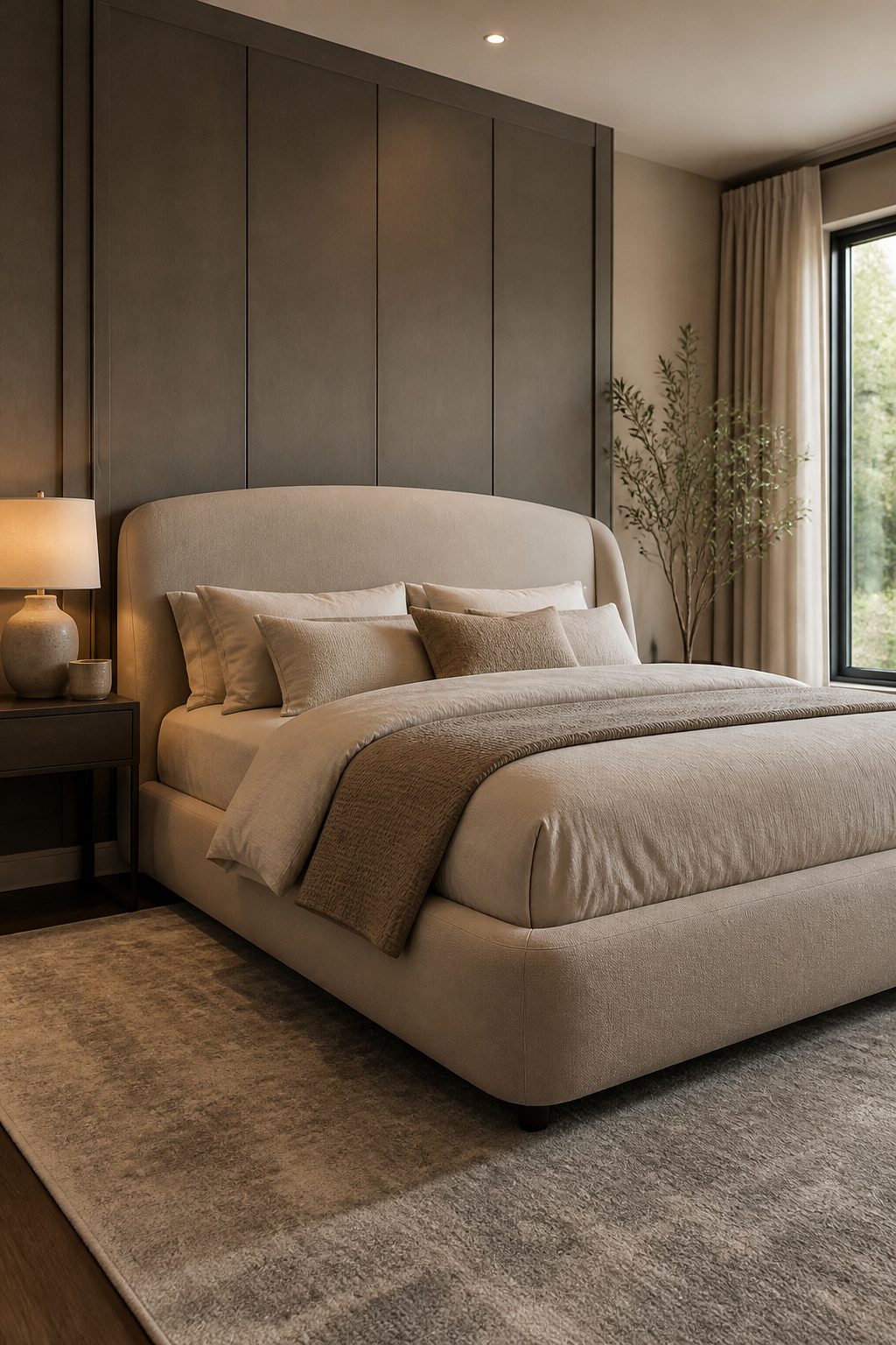 A master bedroom featuring an upholstered platform bed with a padded headboard.