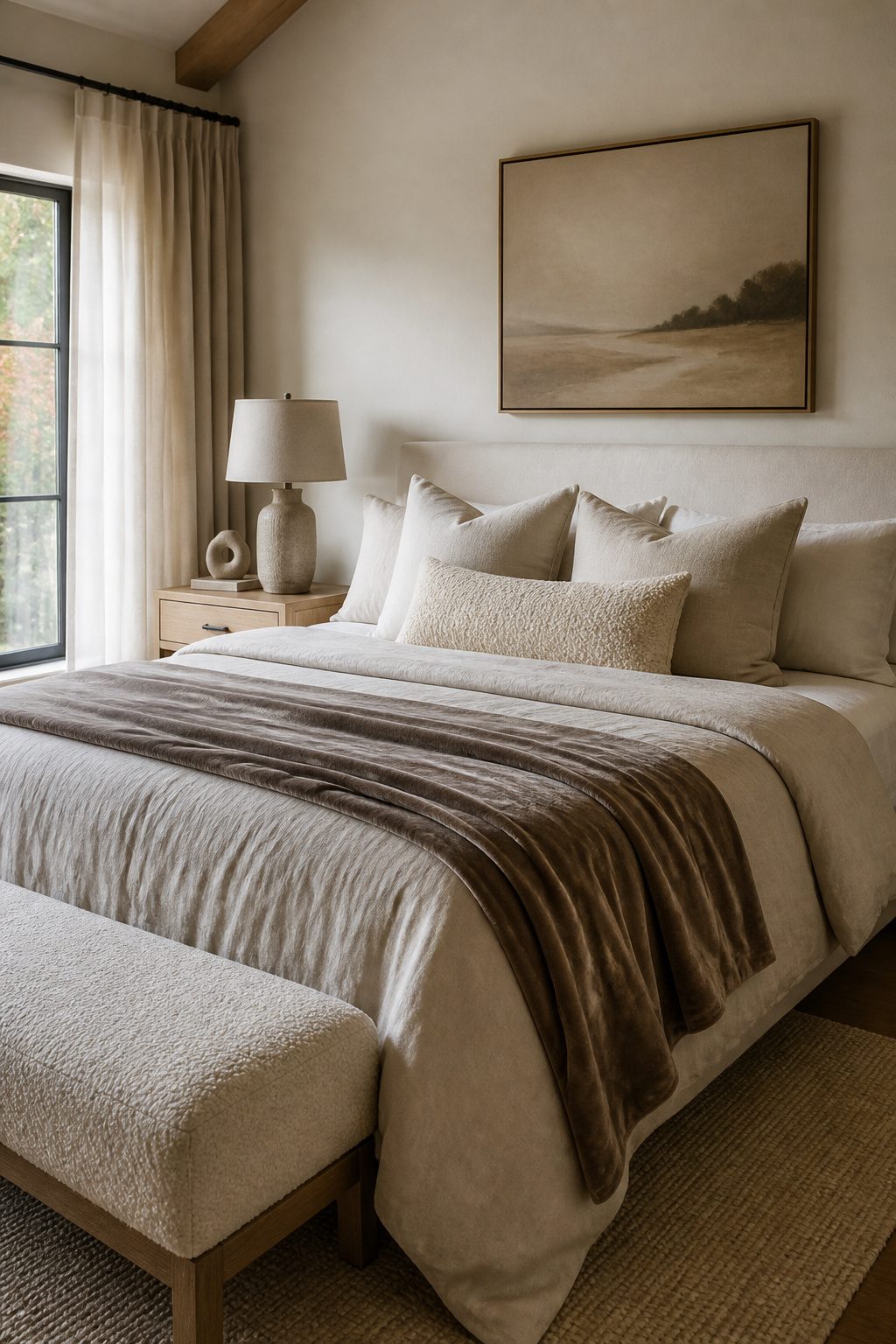 A master bedroom displaying a linen duvet, velvet throw, and textured pillows.
