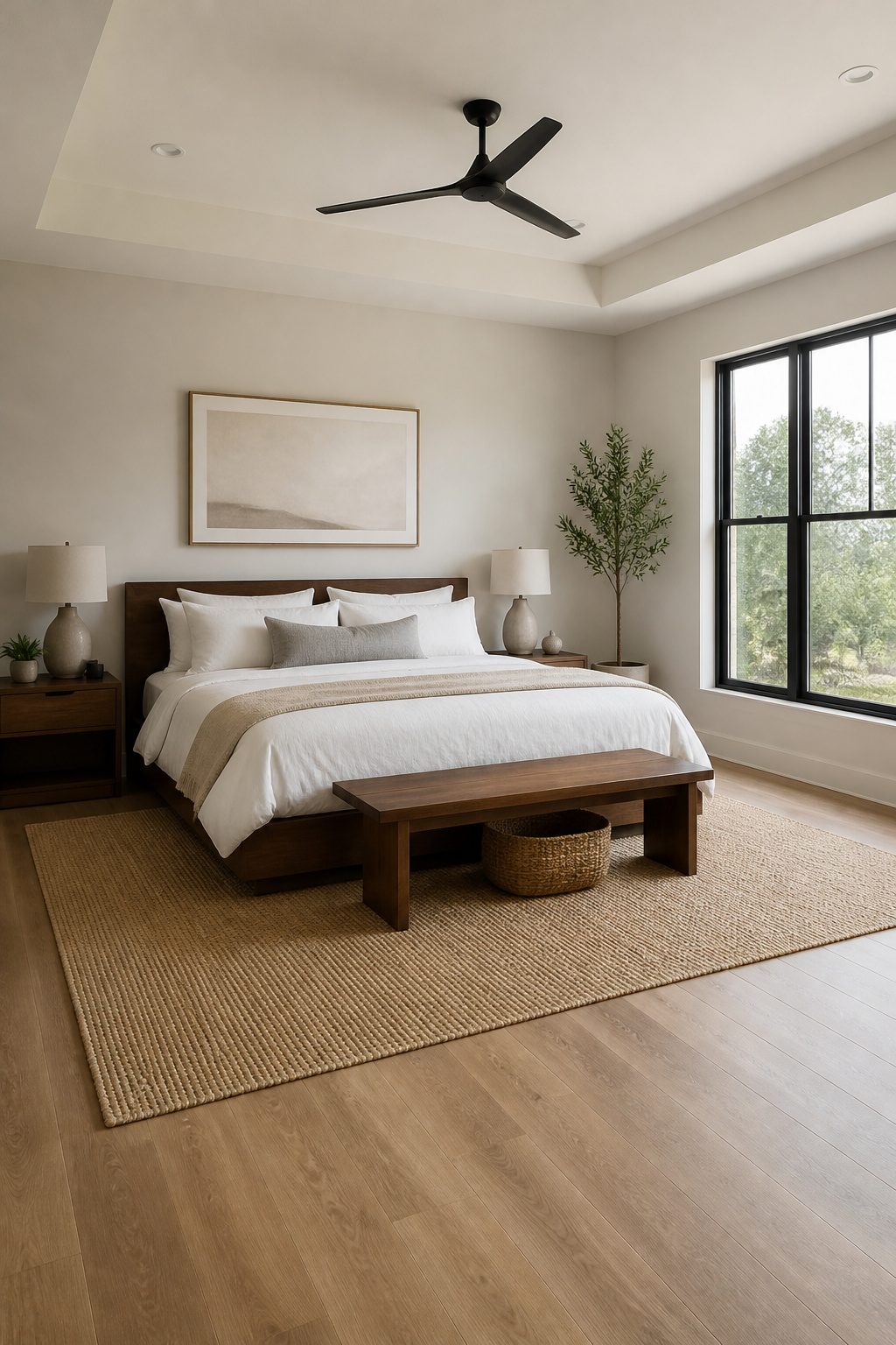 A stylish bench positioned at the foot of a bed.