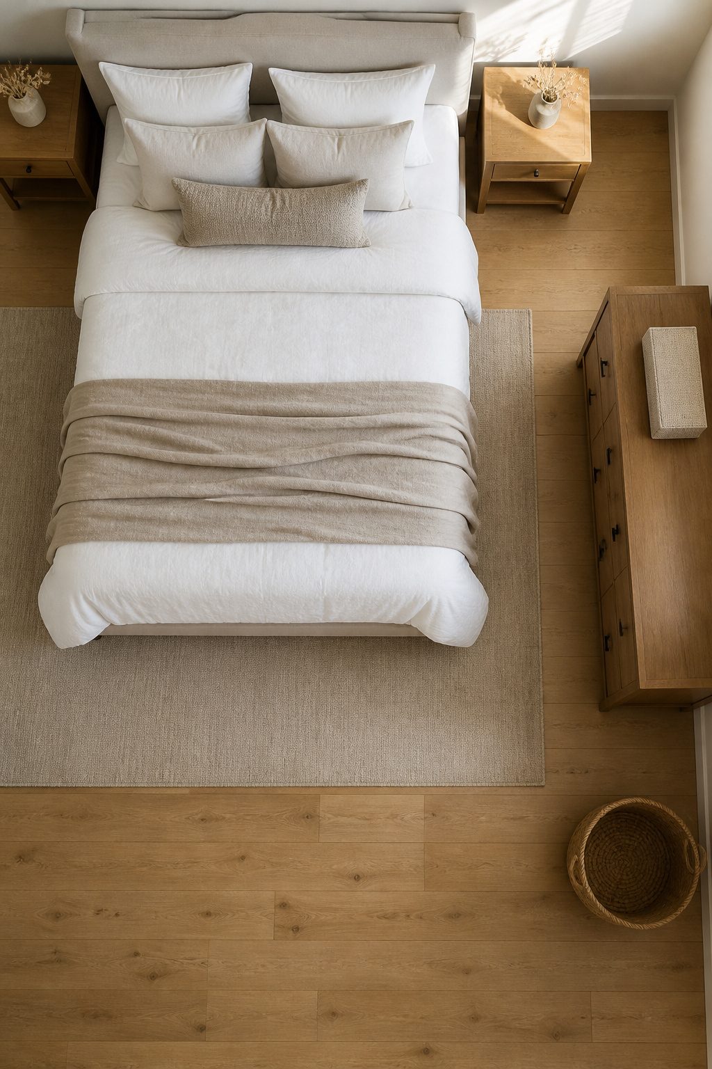 A nightstand with minimal decor and a single lamp.