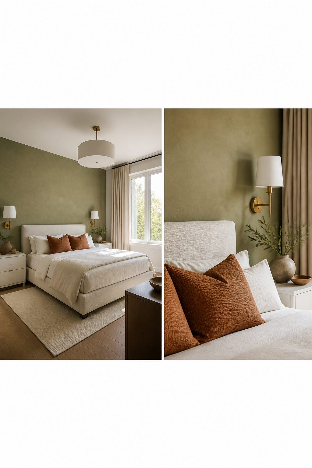 A bedroom with a wood slat feature wall behind the bed.
