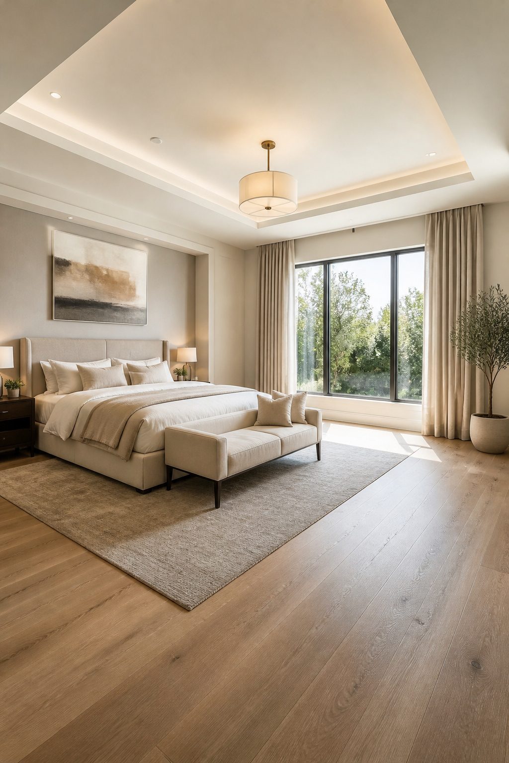 Floor-to-ceiling curtains framing a large window in a bedroom.
