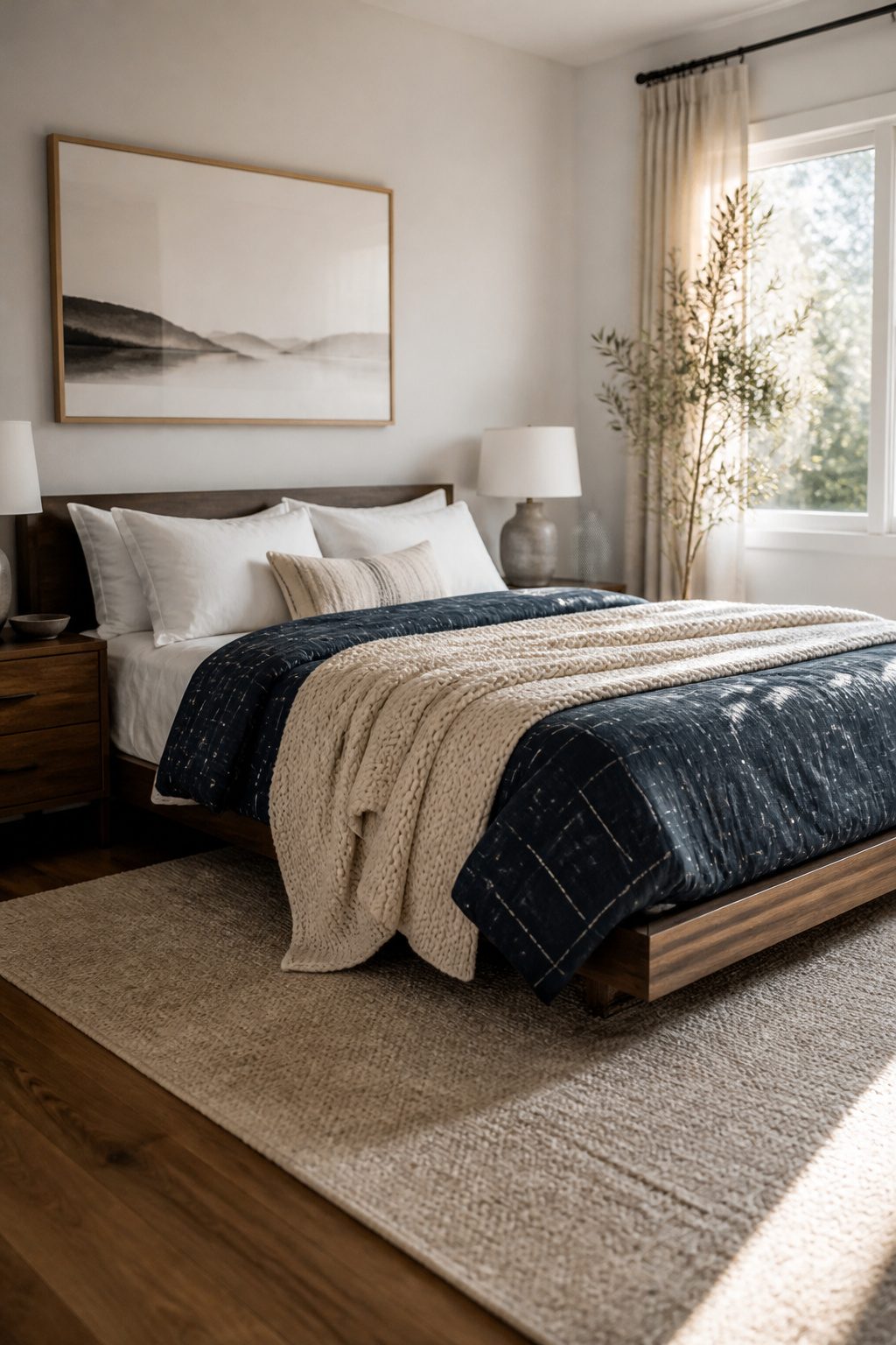 A bed made with crisp white sheets and a navy duvet.