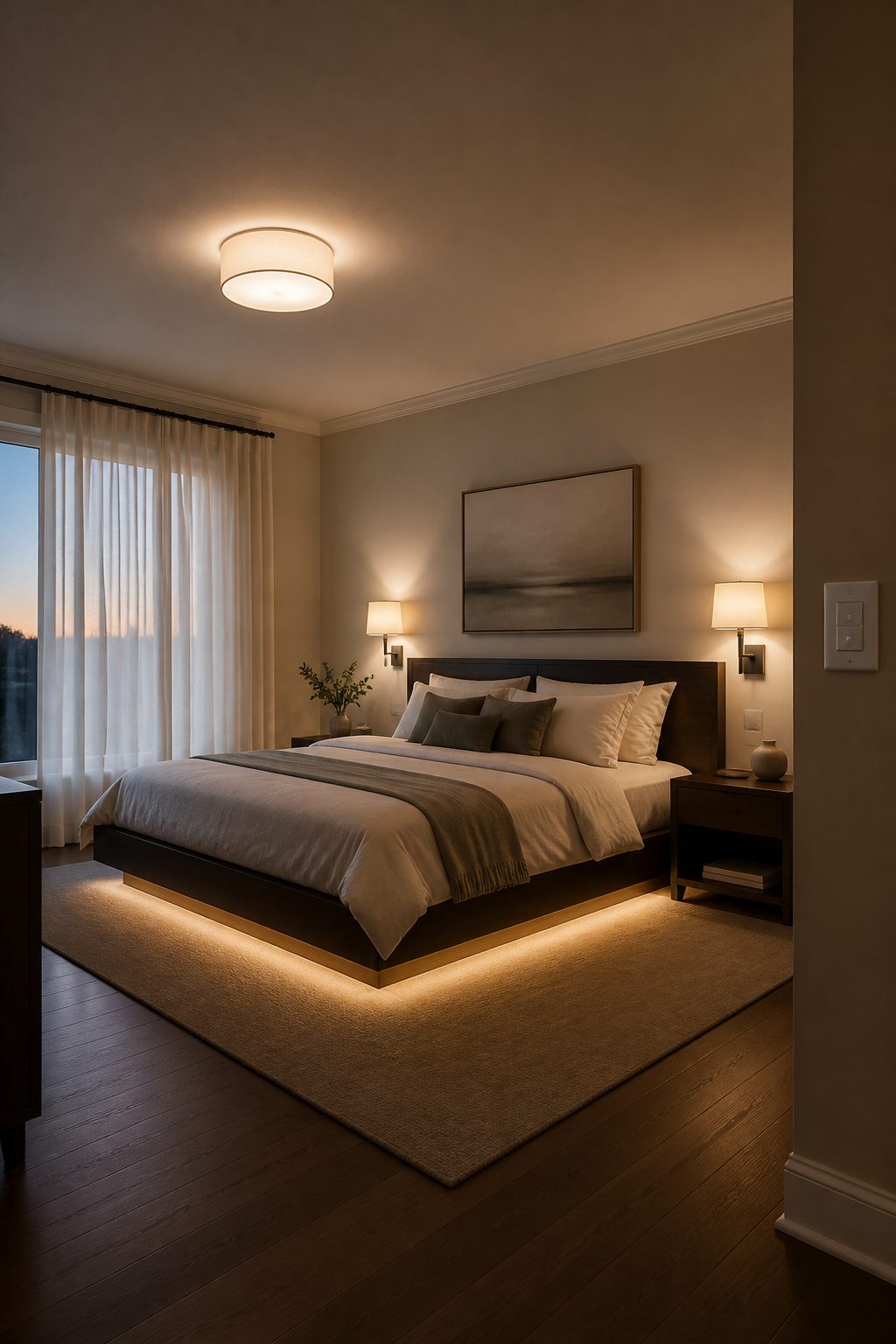 A modern bedroom with various light sources creating a warm ambiance.