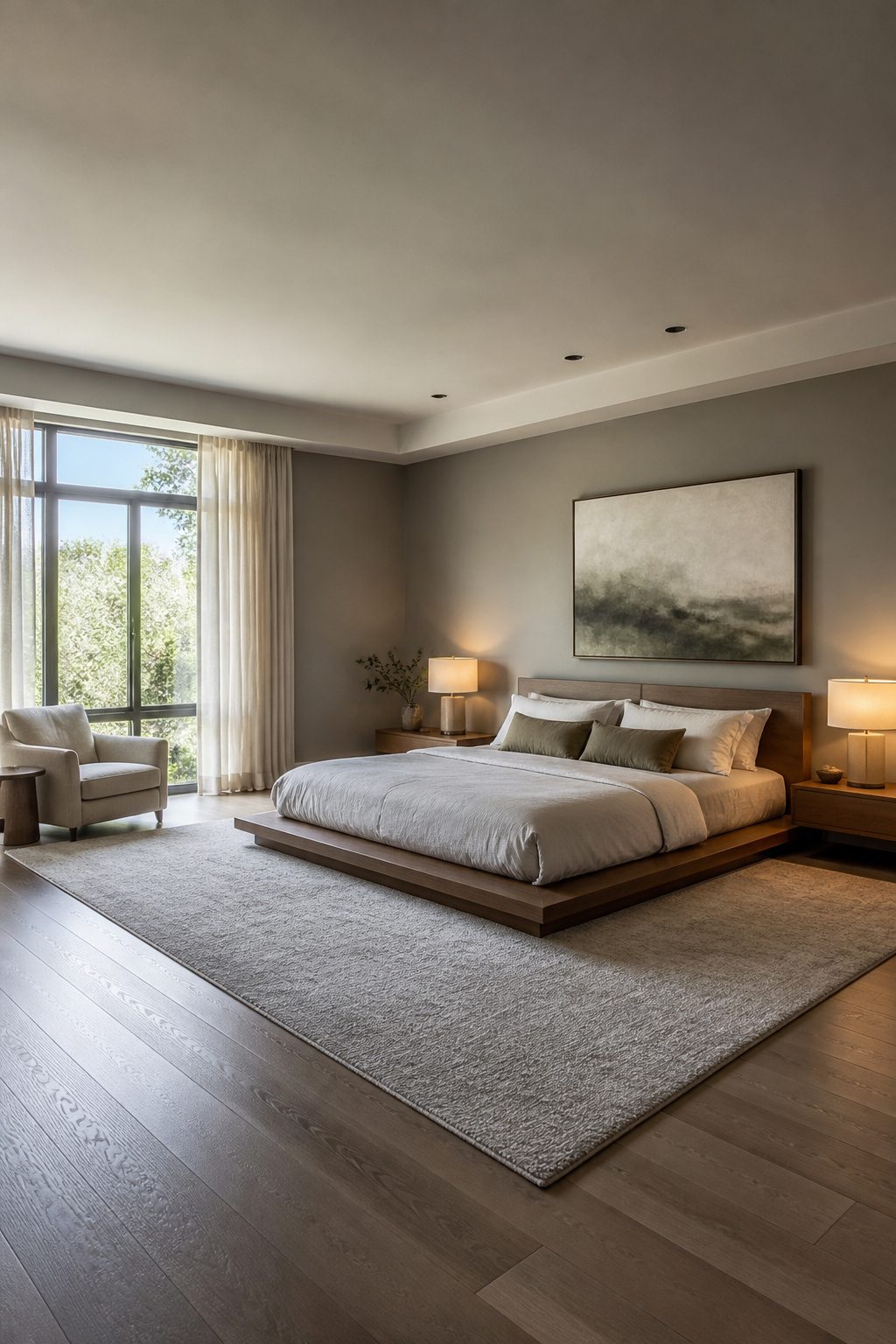 A low-profile platform bed positioned on a hardwood floor.
