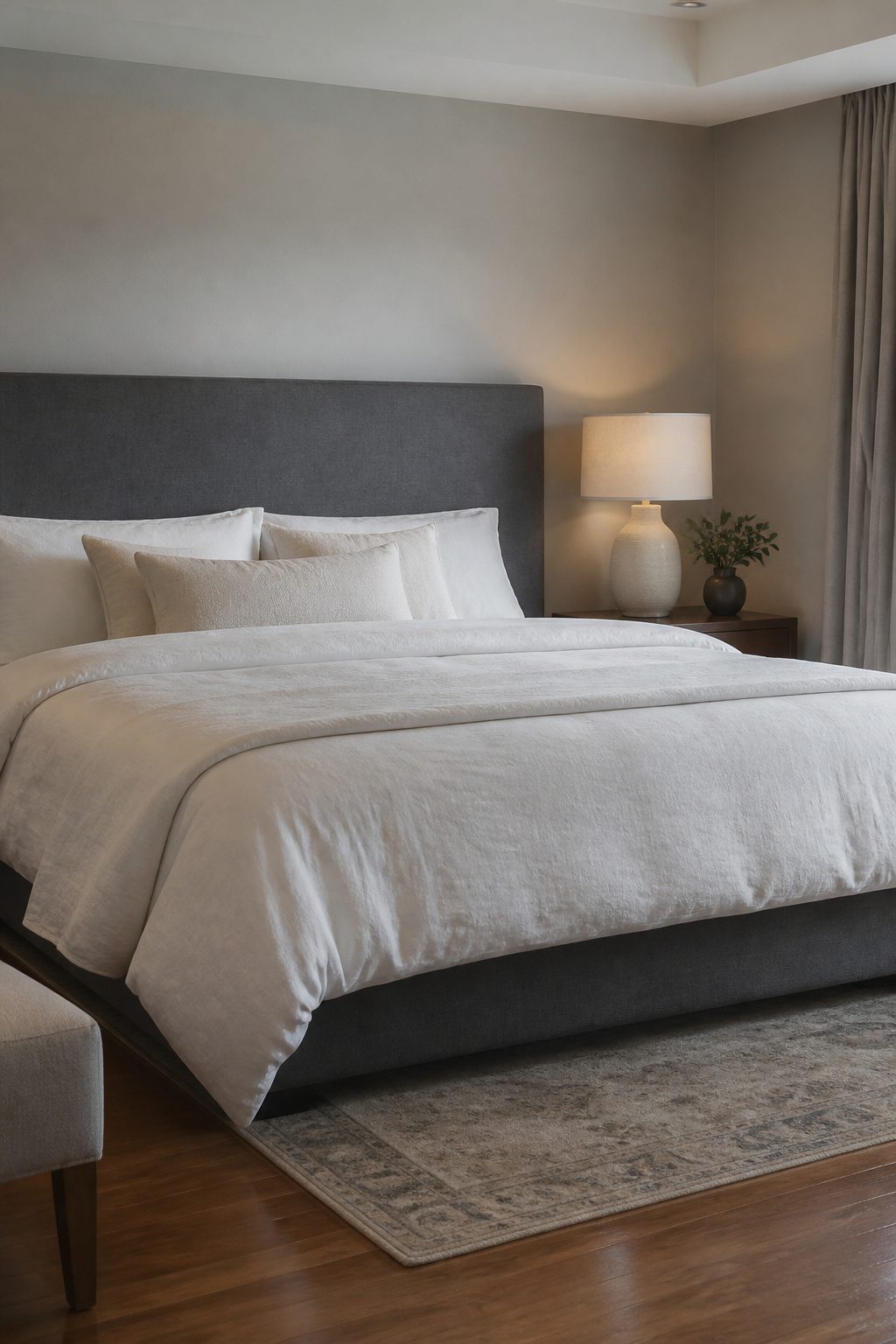 A low, wide upholstered headboard in a modern bedroom.