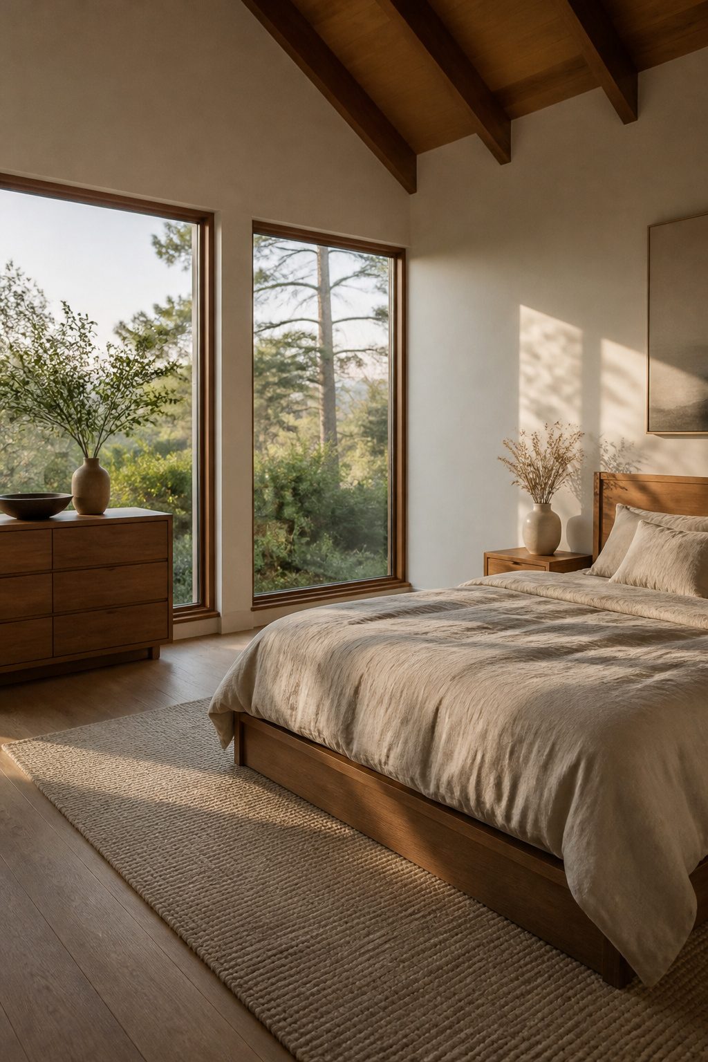 A bedroom featuring warm-toned wood furniture and organic linen bedding.