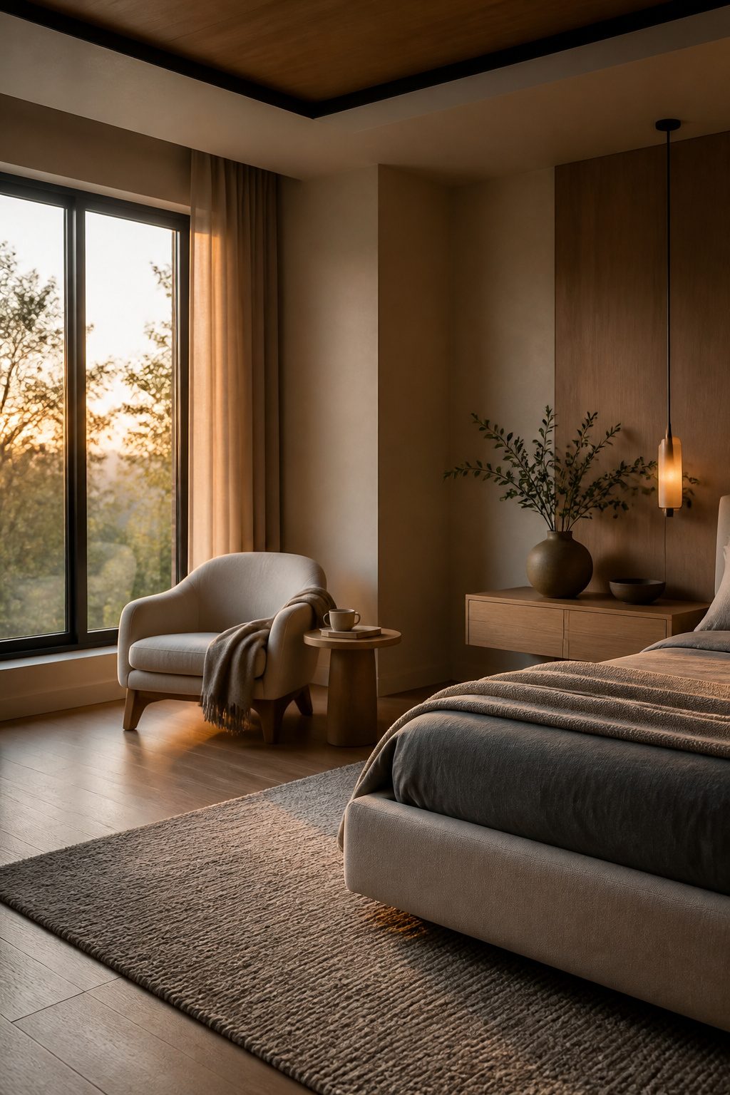 A reading corner with a chair and small table in a bedroom.