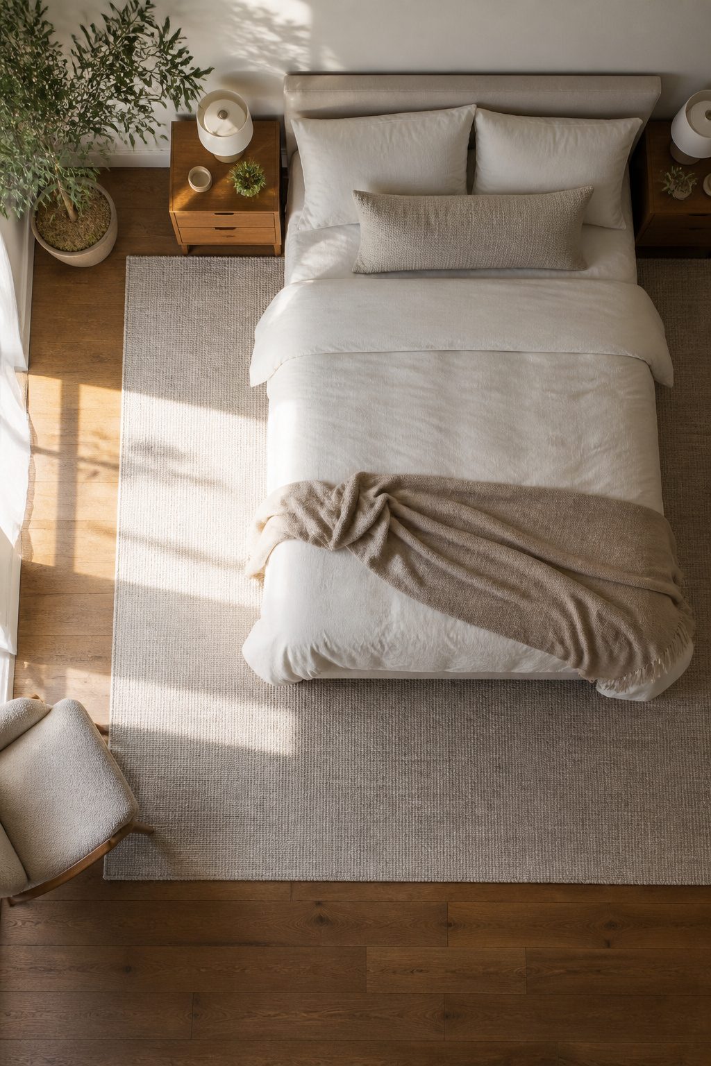 A large rug extending under a queen bed and nightstands.