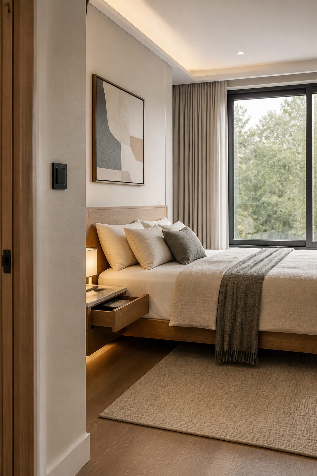 A modern bedroom featuring smart technology like a wall switch.