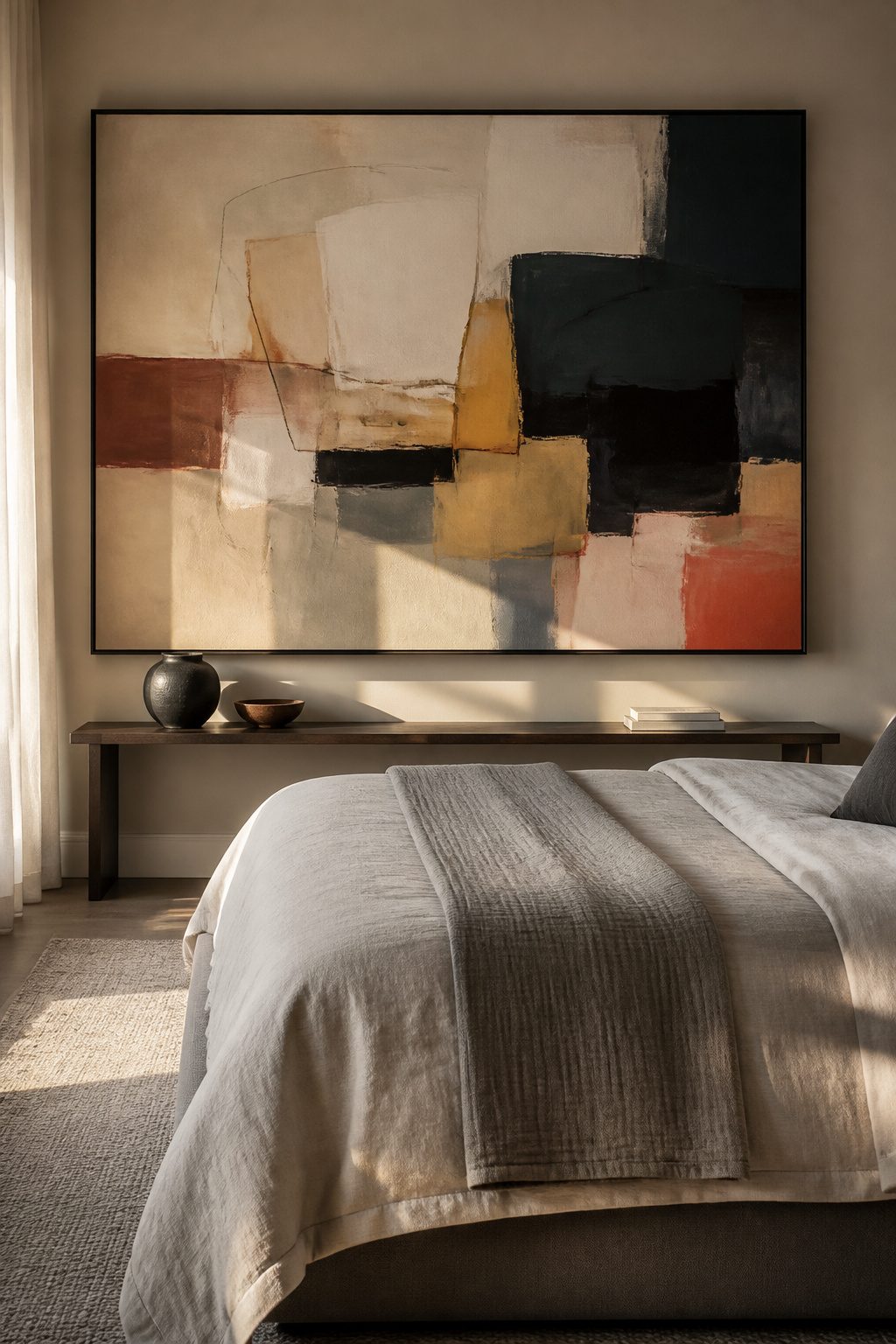 A large bold piece of art above the bed in a bedroom.