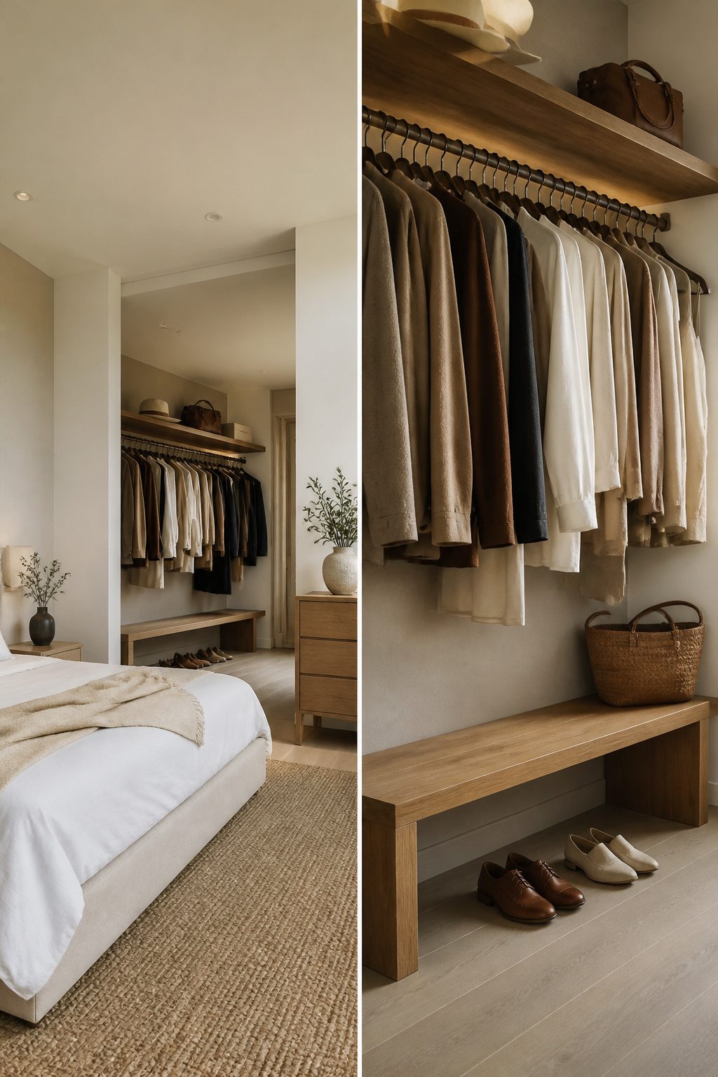 An open closet with built-in storage in a modern bedroom.
