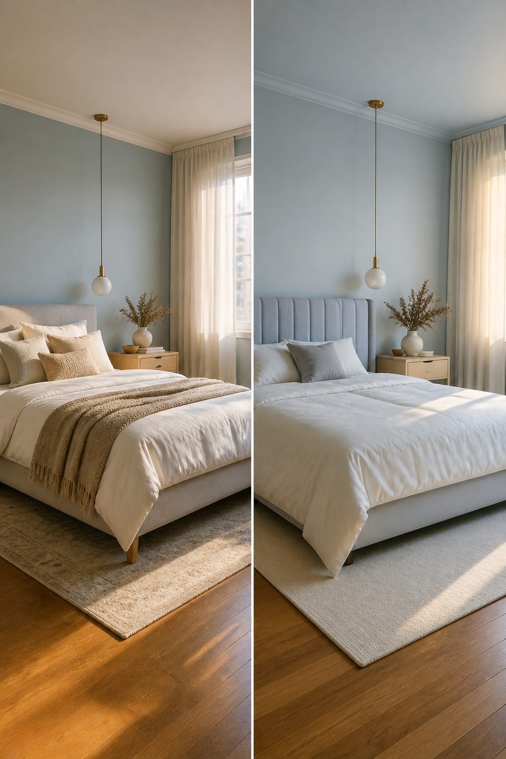A bedroom with soft blue walls and muted green accents.