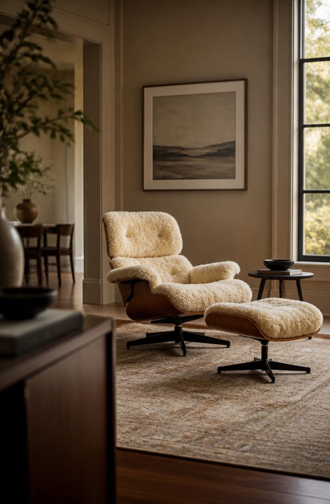 Sheepskin-covered Eames lounge chair and ottoman in a living room