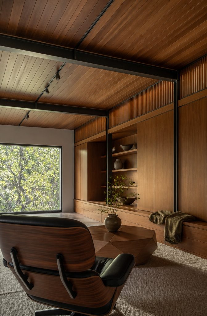Wood-paneled ceiling between metal beams above built-in shelves