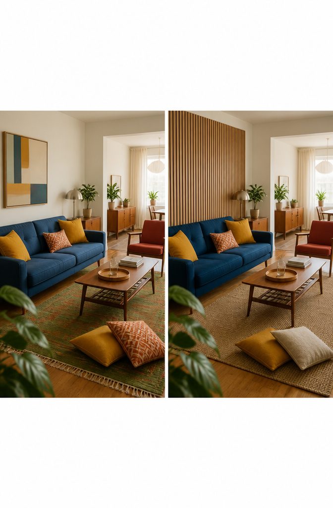Blue couch with warm orange accents in a living room