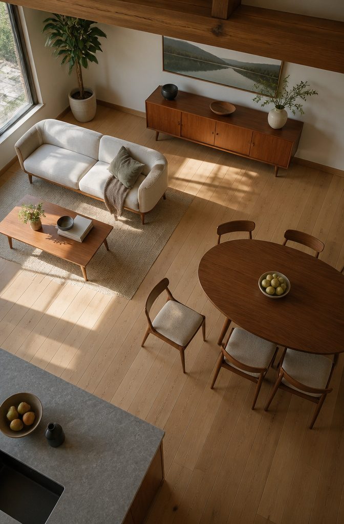Open-plan living and dining room with timber beams and white ceiling