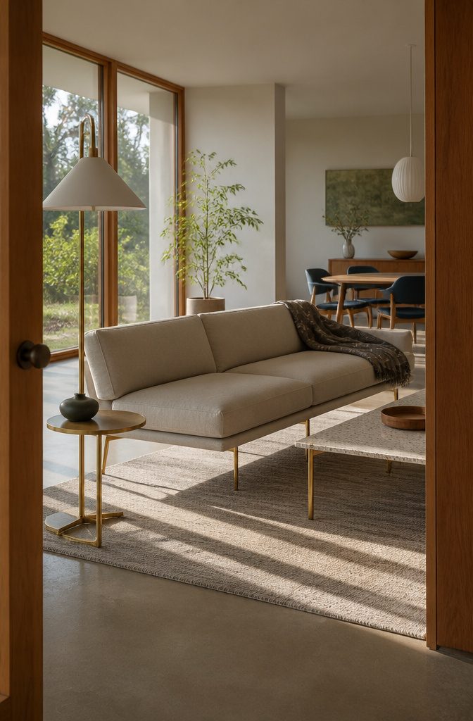 Low sofa on brass legs beside a terrazzo coffee table