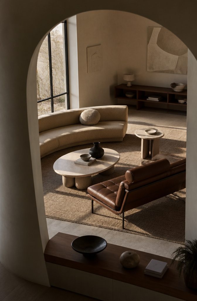 Rounded sofa stone coffee table oval side table and leather lounger
