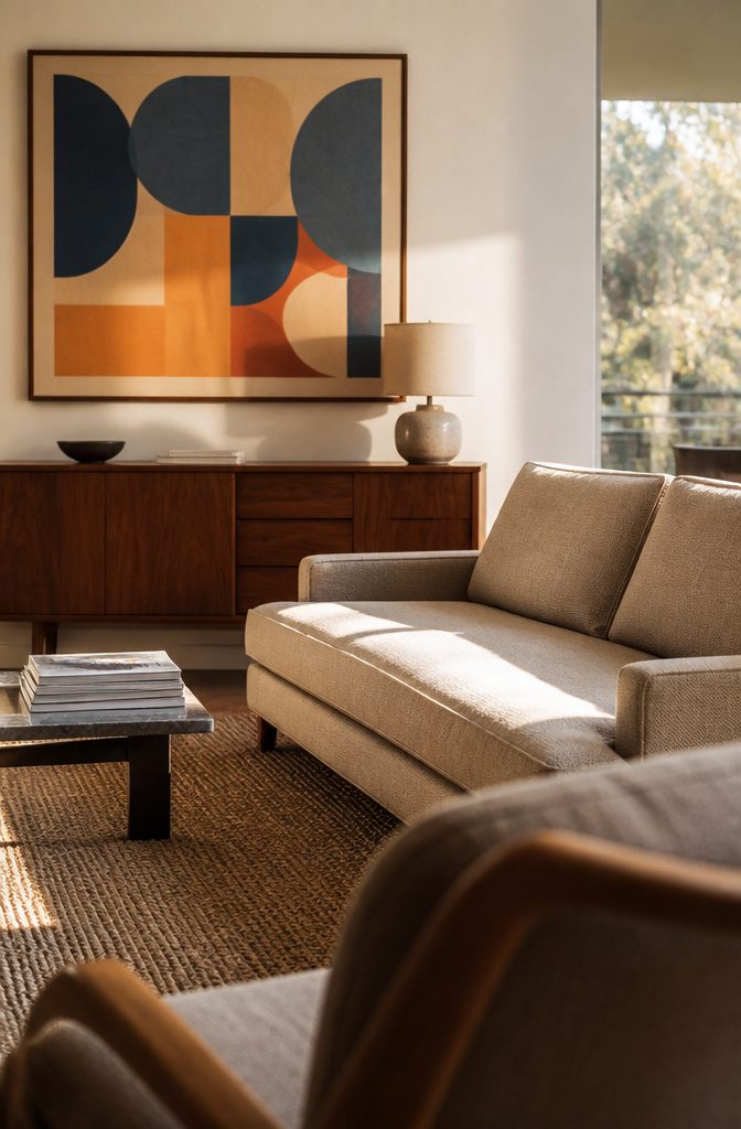 Geometric abstract artwork above a low sofa